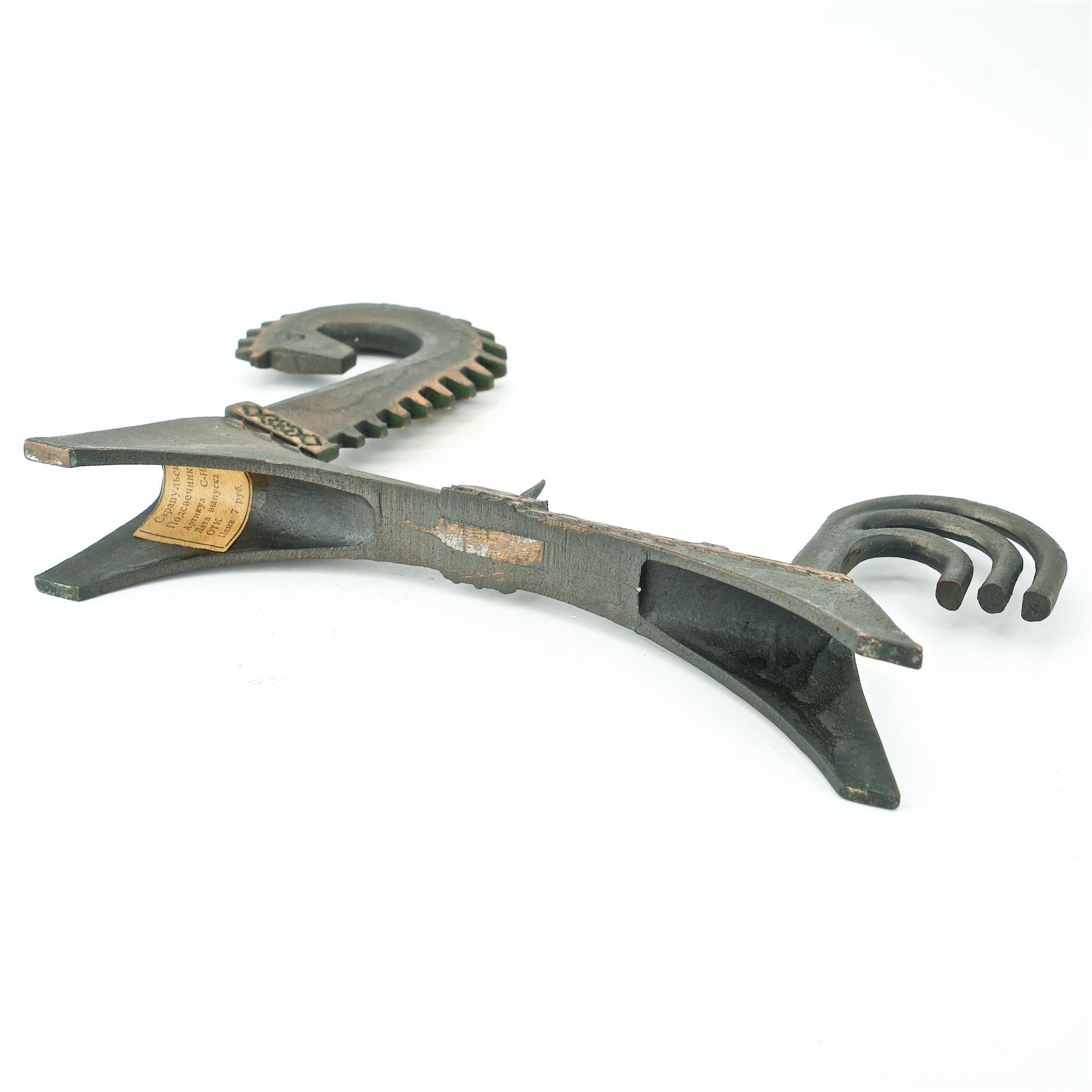 Mid-20th Century 1960s Byzantine Cast Iron Bronze Washed Horse Sculpture Candelabra Midcentury