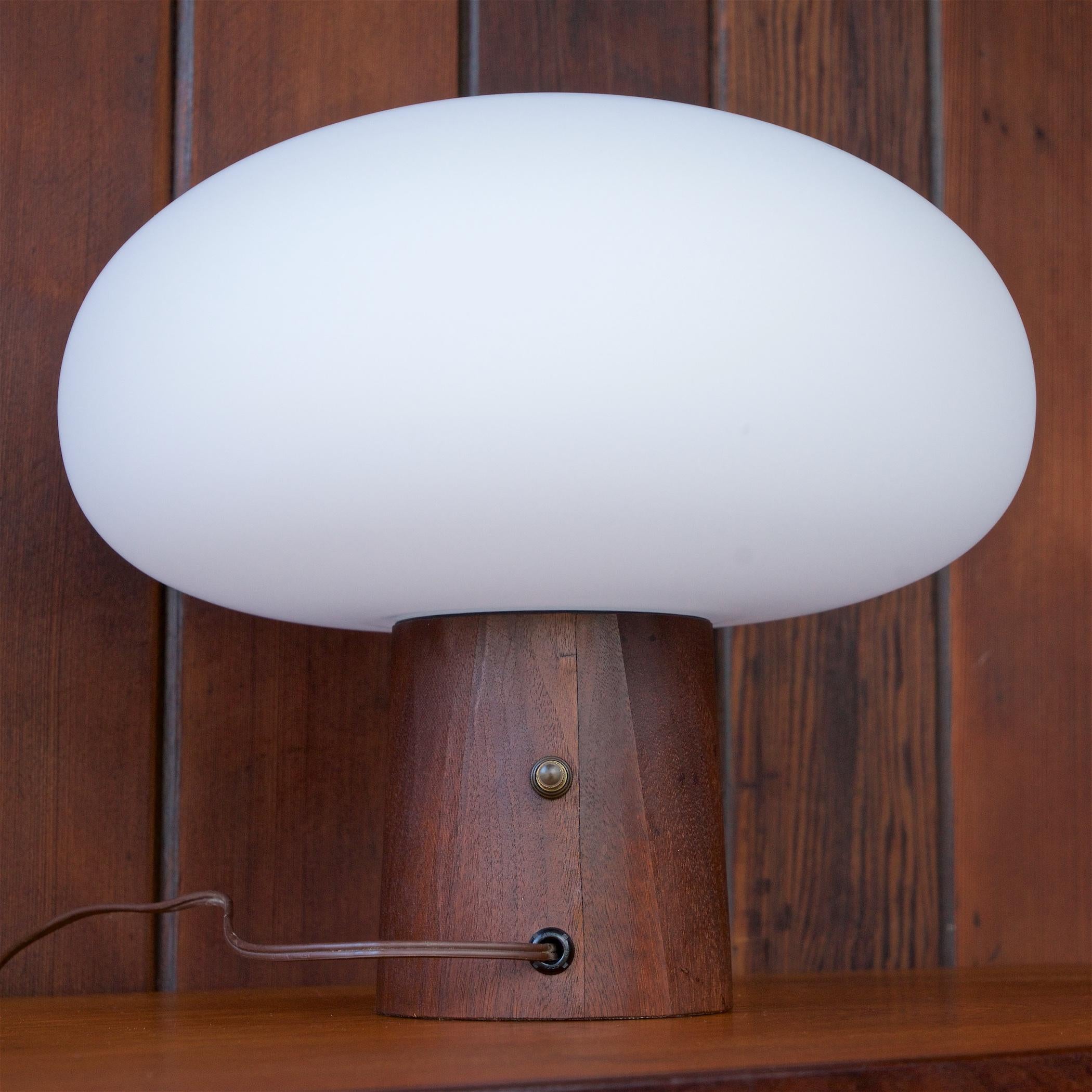 American 1960s Cabin Modern Laurel Walnut Glass Mushroom Table Lamp Vintage Midcentury
