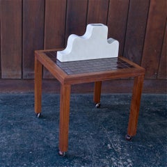 1960s Cabin Modern Martz Table Walnut + Chocolate Ceramic Tile Plant Stand MCM