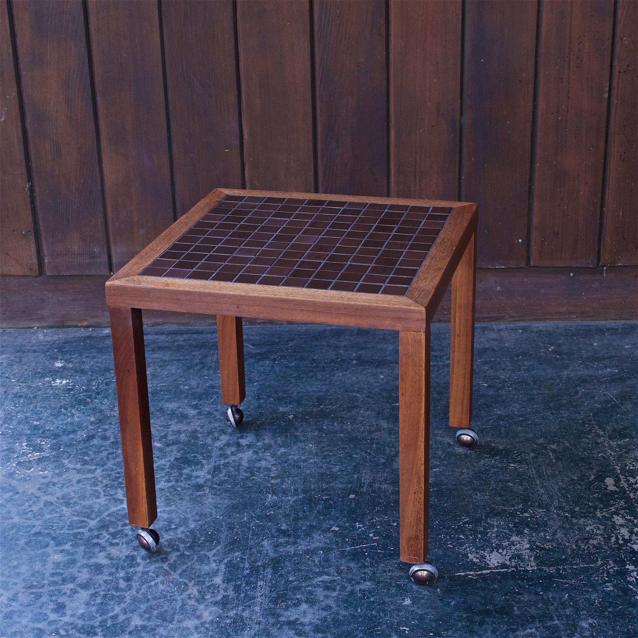 American 1960s Cabin Modern Martz Table Walnut + Chocolate Ceramic Tile Plant Stand MCM For Sale