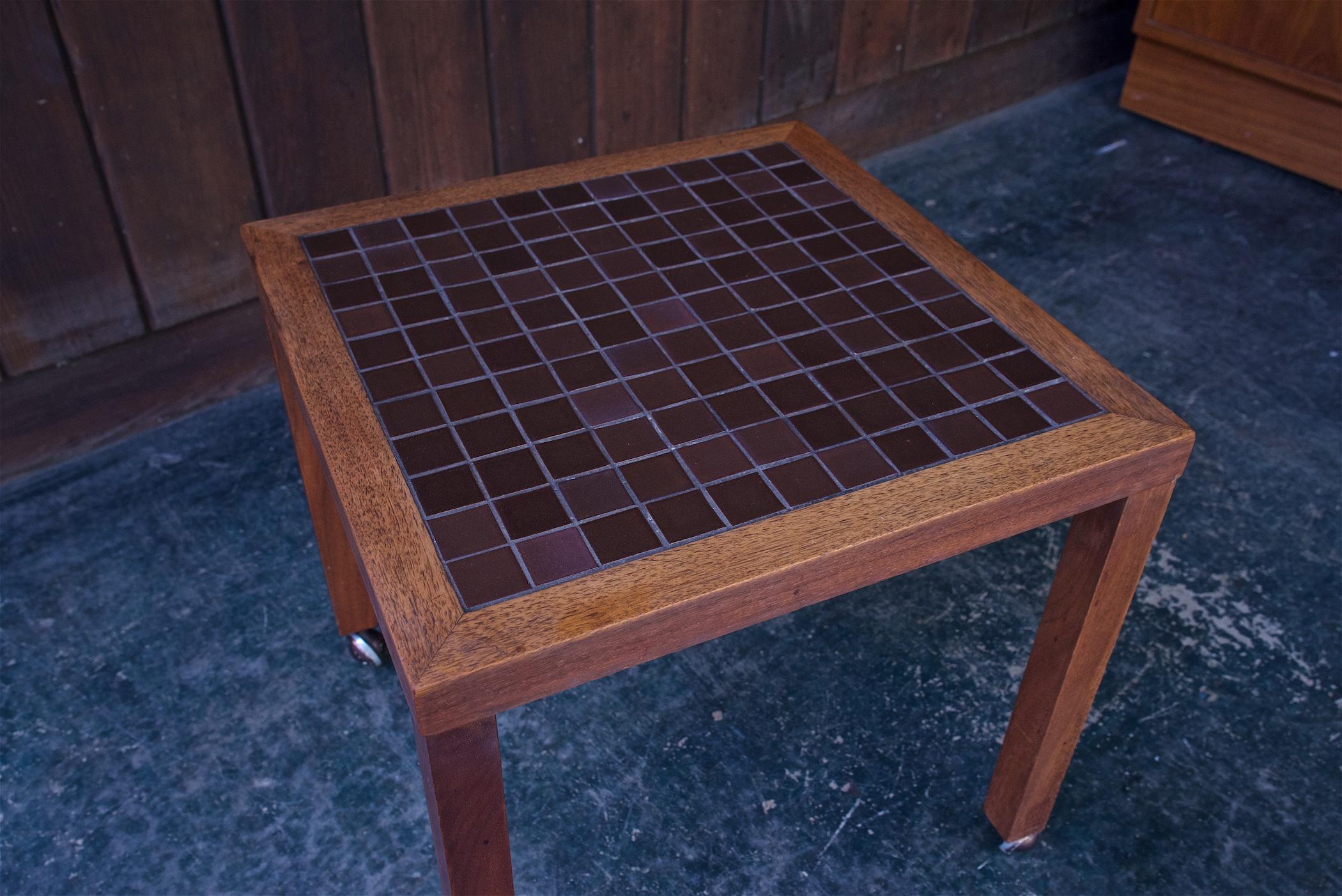 Mid-20th Century 1960s Cabin Modern Martz Table Walnut + Chocolate Ceramic Tile Plant Stand MCM For Sale
