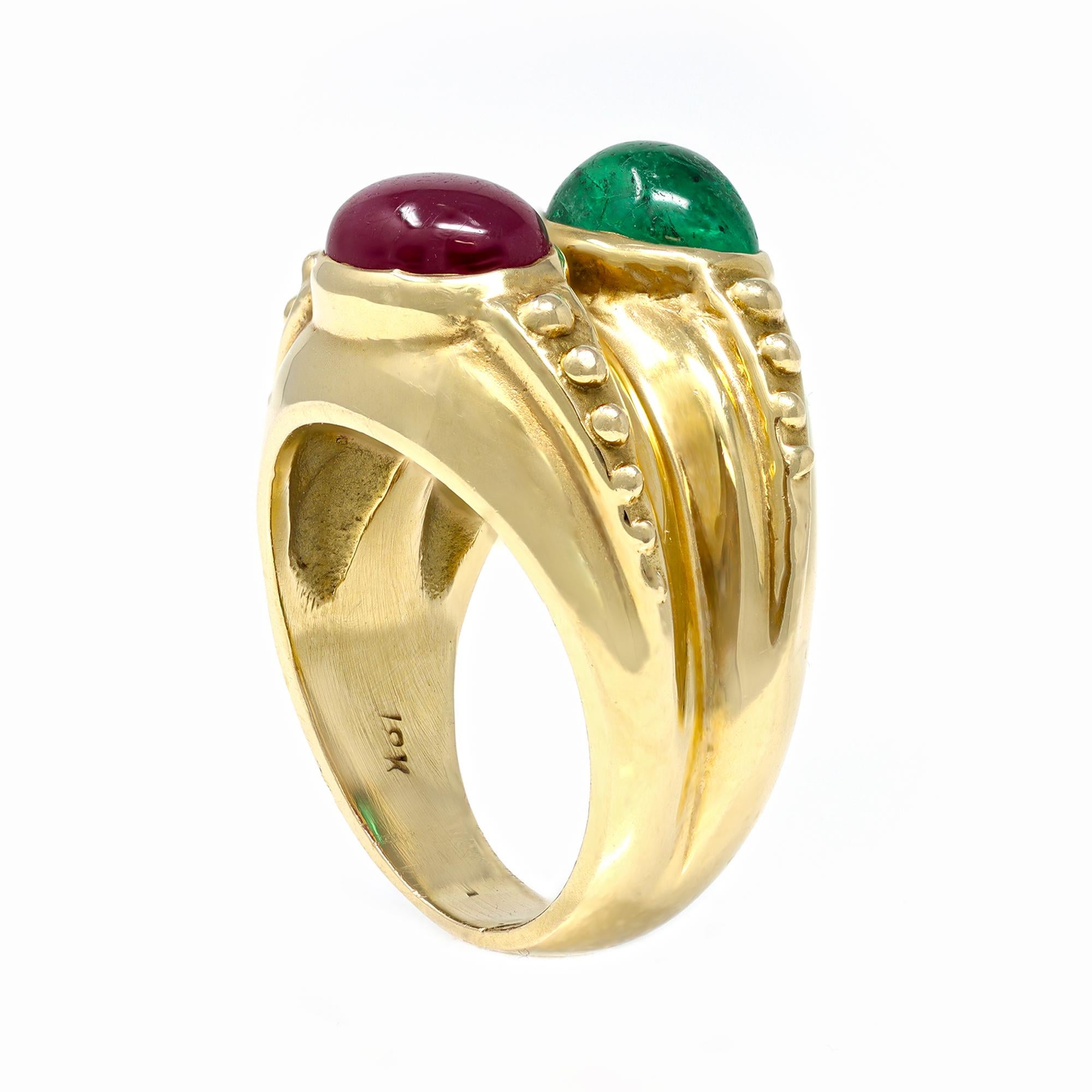 Women's or Men's 1960s Cabochon Emerald & Ruby Double Band Ring