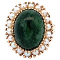 1960s Cabochon Jade Cultured Pearl 14 Karat Yellow Gold Vintage Cocktail Ring
