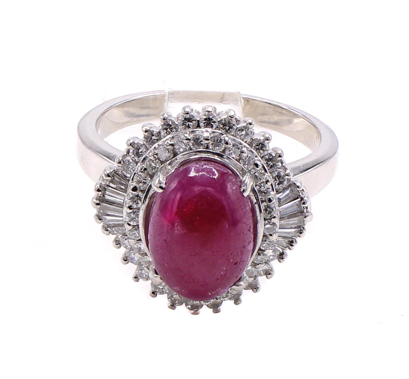 Mixed Cut 1960s Cabochon Ruby Diamond Platinum Ballerina Ring For Sale