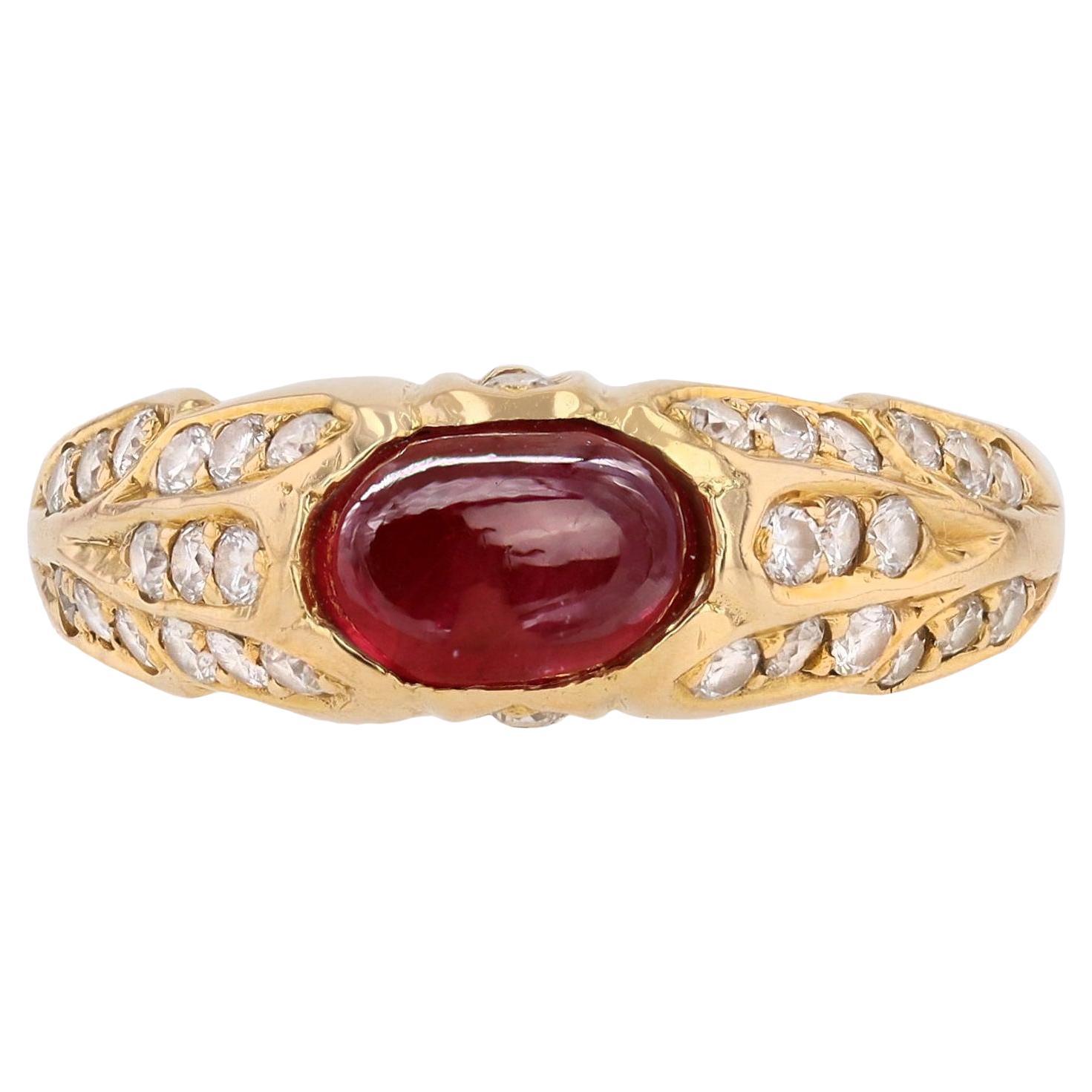 1960s Cabochon Ruby Diamonds 18 Karat Yellow Gold Domed Band Ring