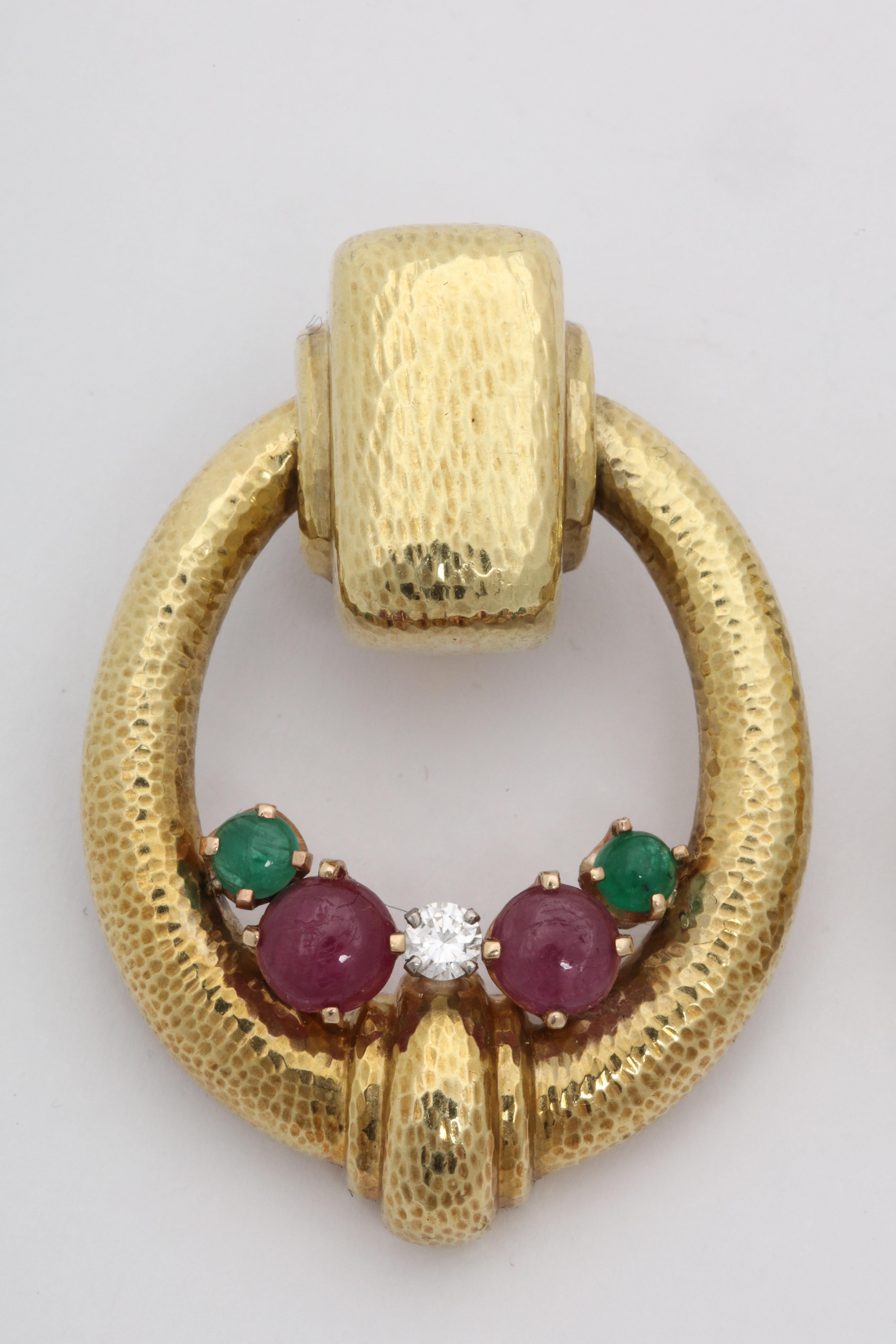 One Pair Of Ladies Moveable 18kt Yellow Gold Hand Hammered DoorKnocker Style Earclips Embellished With [4] Large Cabochon Rubies Weighing Approximately [4] Carats Earclips Are Further Embellished With [4] Cabochon Emeralds Weighing Approximately [2]