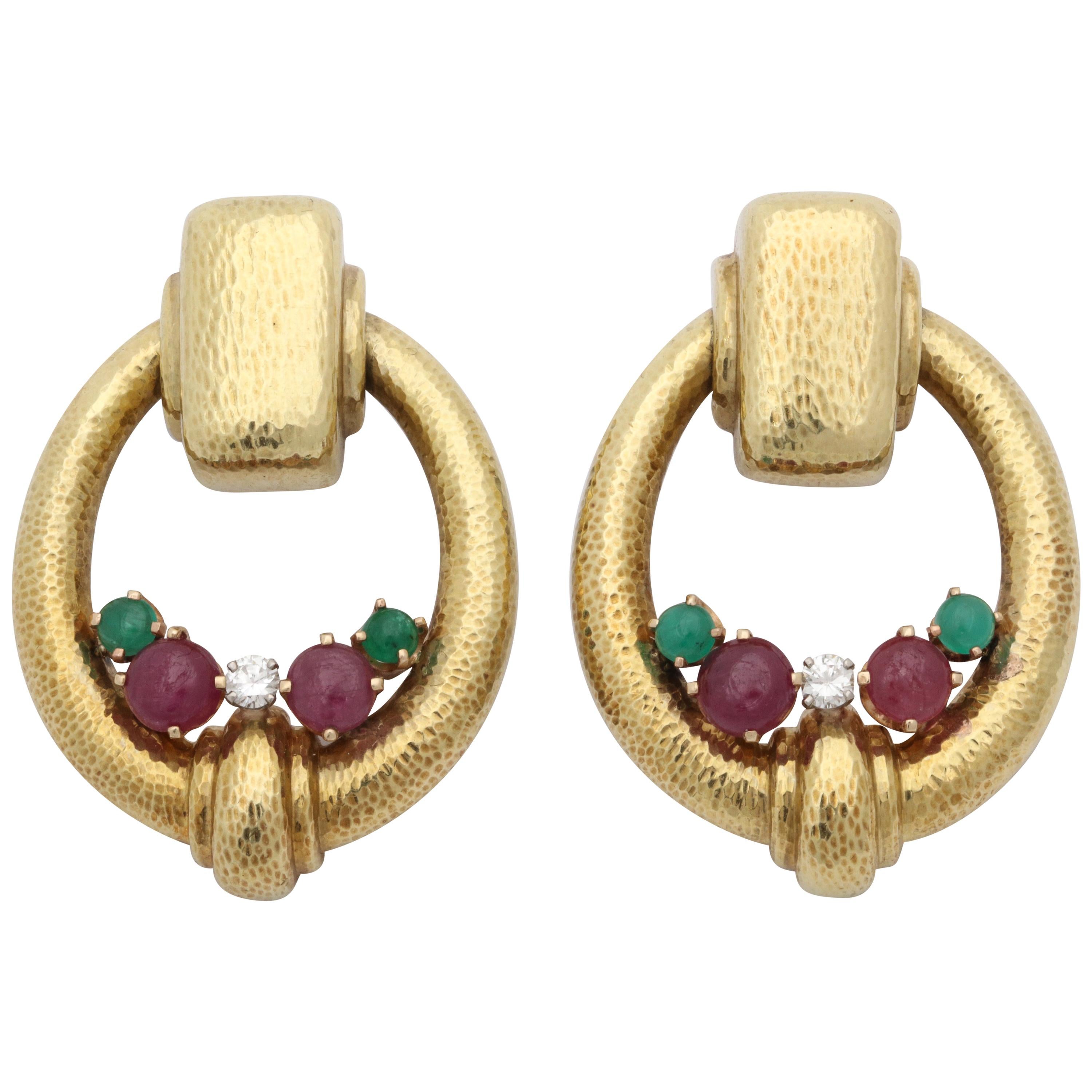 1960s Cabochon Ruby, Emerald and Diamond Hand Hammered Gold Doorknocker Earclips For Sale