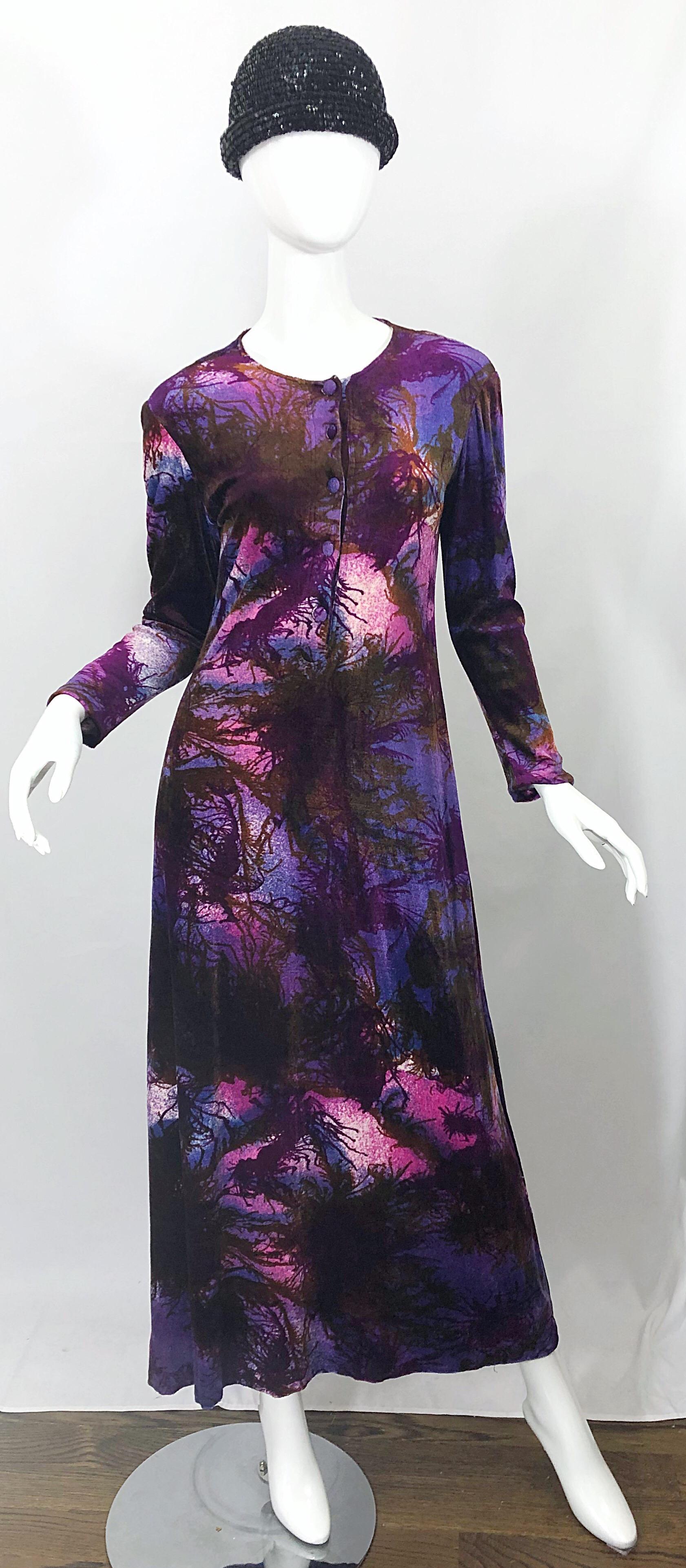 1960s Cacharel Modernist Tree Print Velvet Velour Vintage 60s Maxi Dress For Sale 3