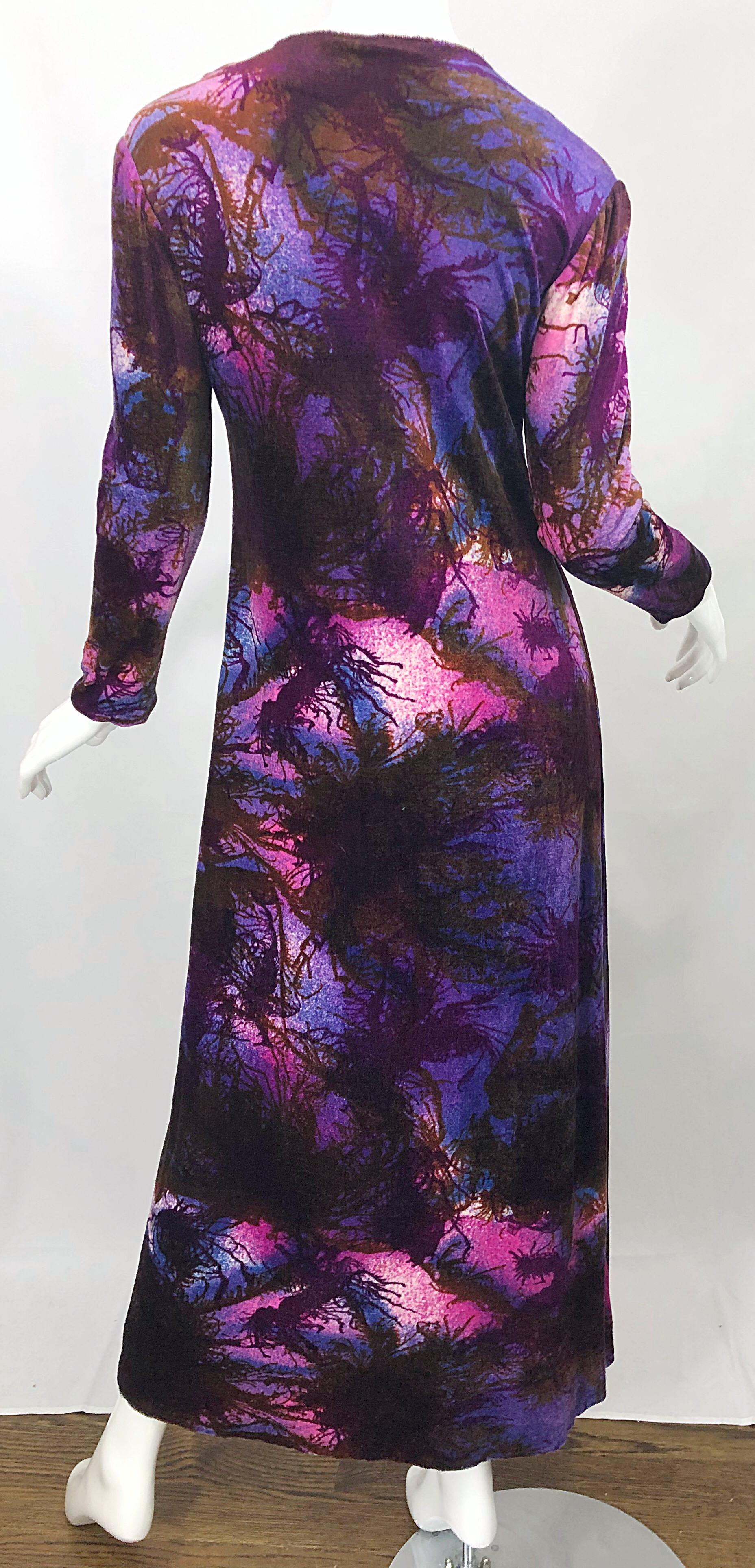 1960s Cacharel Modernist Tree Print Velvet Velour Vintage 60s Maxi Dress For Sale 4