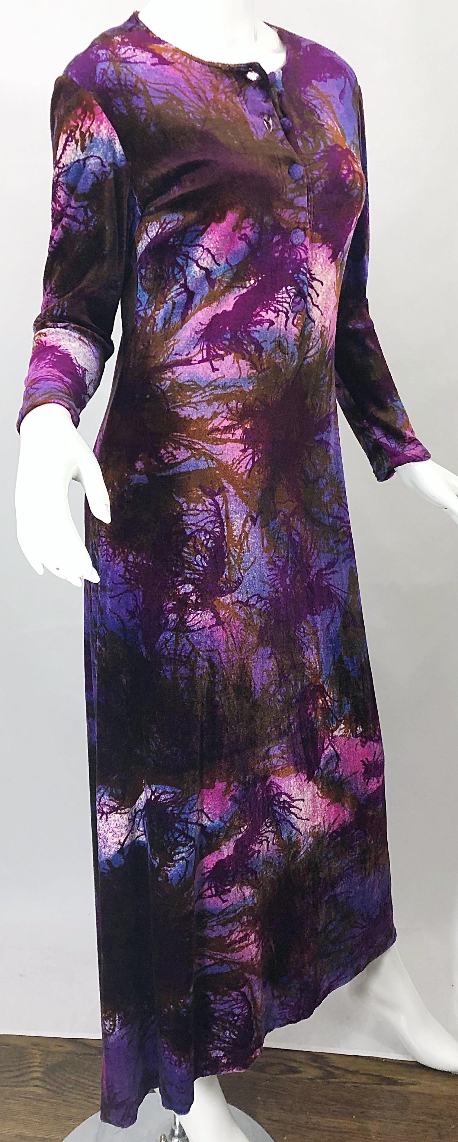 1960s Cacharel Modernist Tree Print Velvet Velour Vintage 60s Maxi Dress For Sale 5