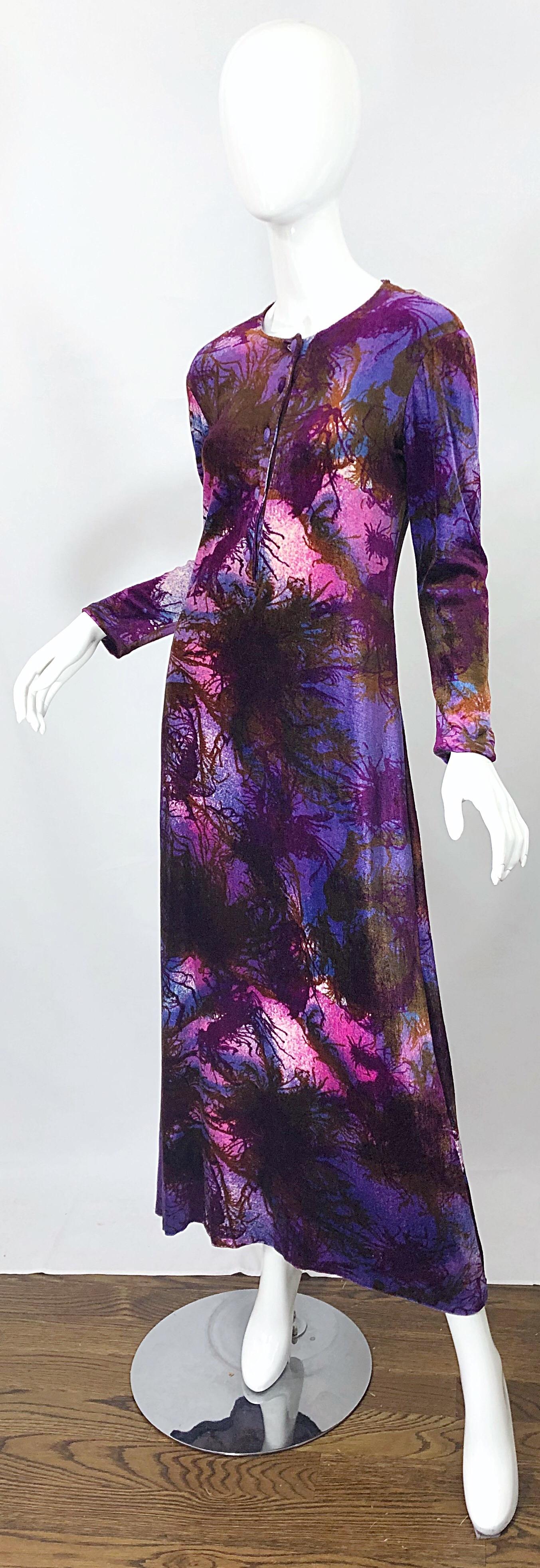 Cacharel Robe longue moderniste des années 1960 en velours et velours imprimé arbre vintage des années 60 en vente 10