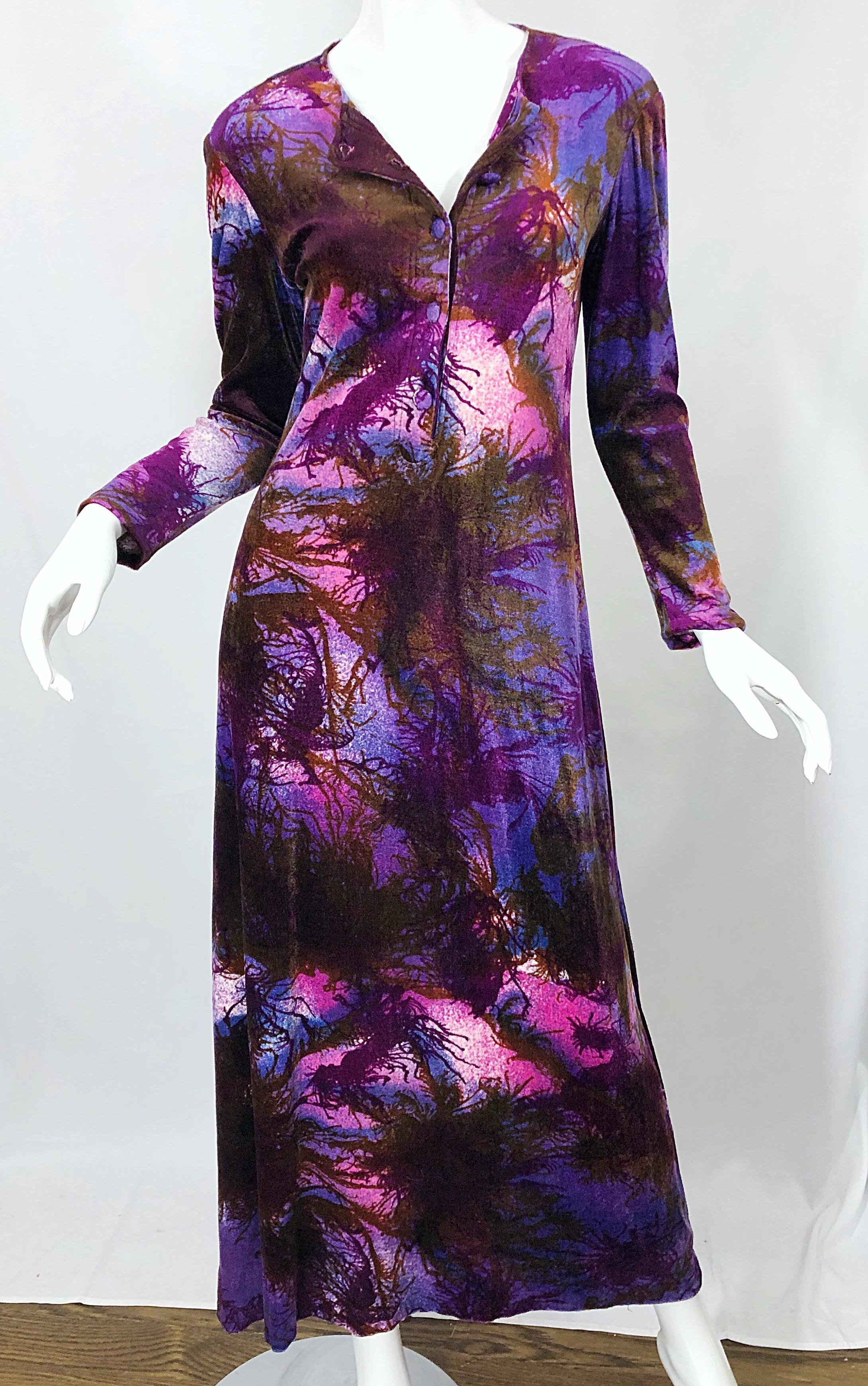 1960s Cacharel Modernist Tree Print Velvet Velour Vintage 60s Maxi Dress For Sale 8