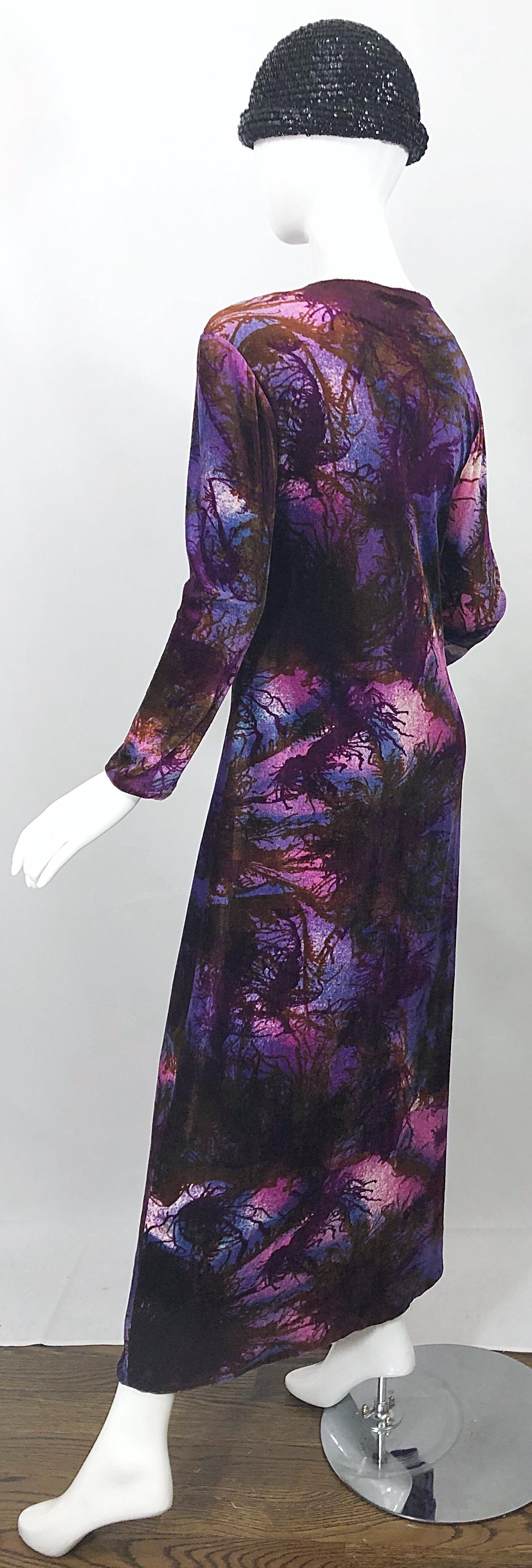 1960s Cacharel Modernist Tree Print Velvet Velour Vintage 60s Maxi Dress For Sale 9