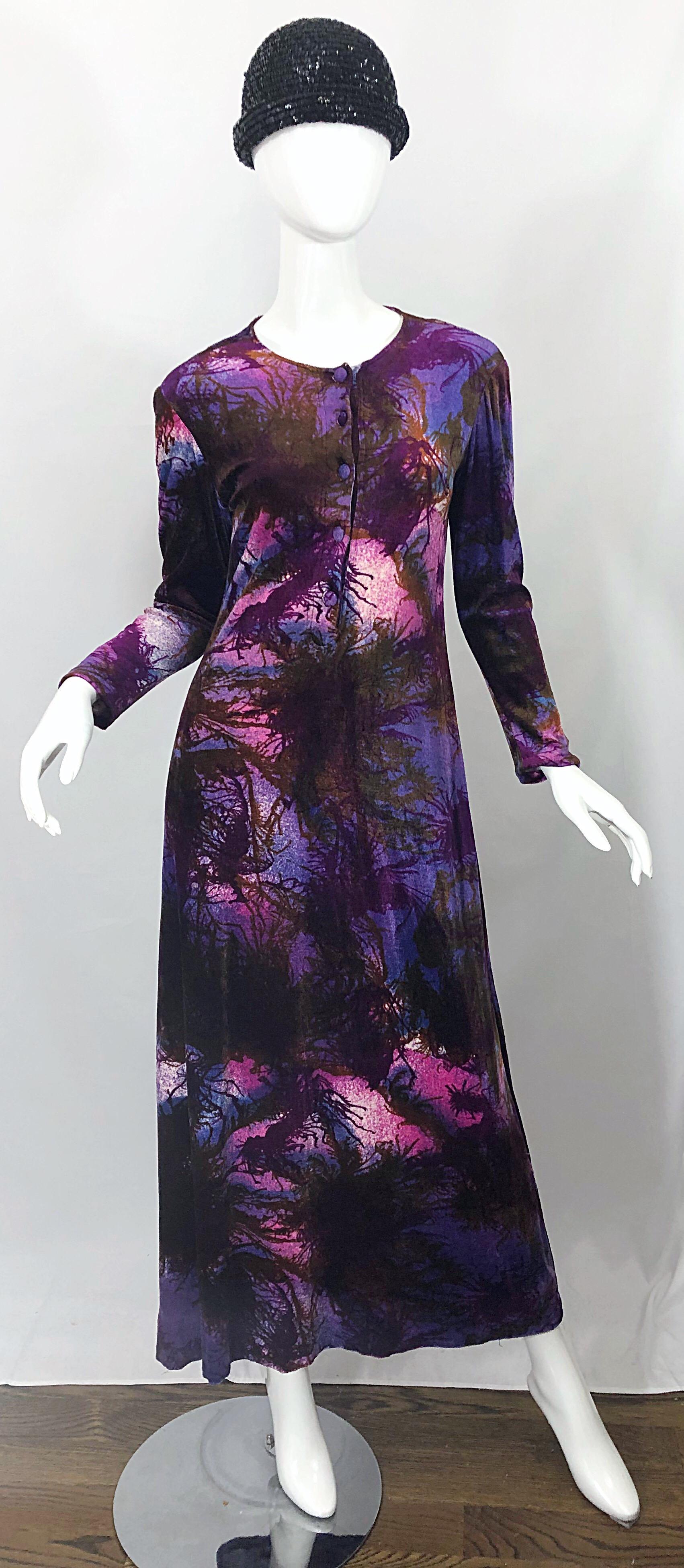 1960s Cacharel Modernist Tree Print Velvet Velour Vintage 60s Maxi Dress For Sale 10