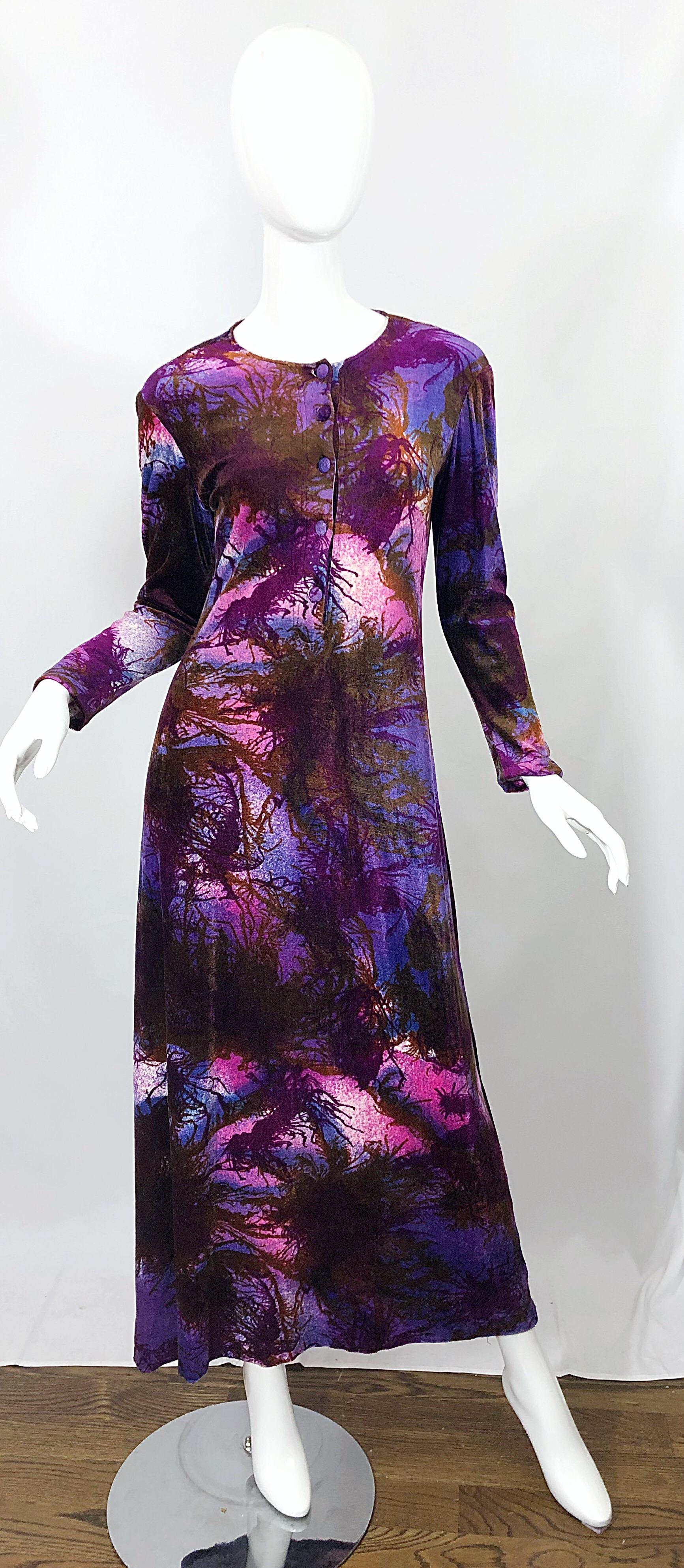 Cacharel Robe longue moderniste des années 1960 en velours et velours imprimé arbre vintage des années 60 en vente 14