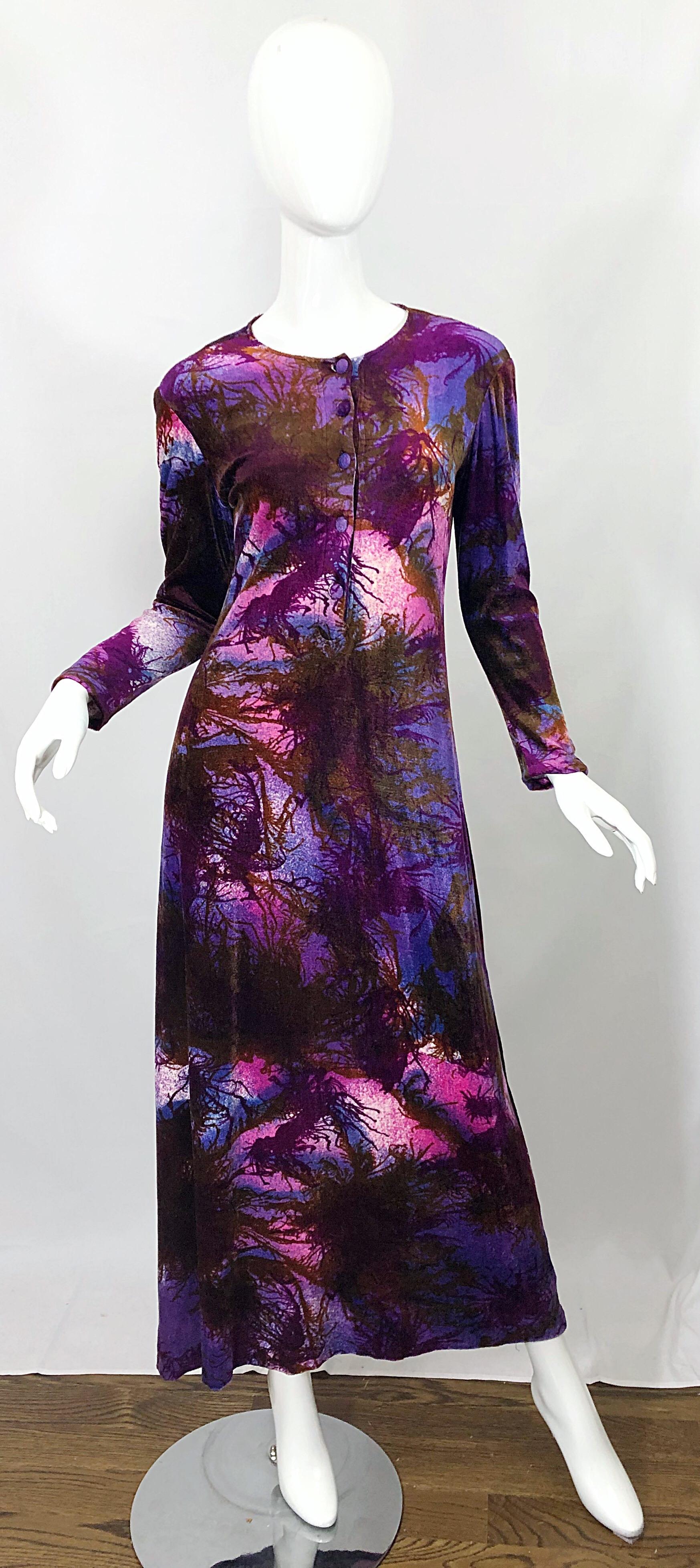 Rare and chic 1960s CACHAREL modernist tree print long sleeve velvet / velour maxi dress! Features vibrant colors of purple, fuchsia, pink, brown and black throughout. Fabric covered buttons up the front center. Fitted bodice with lots of stretch.
