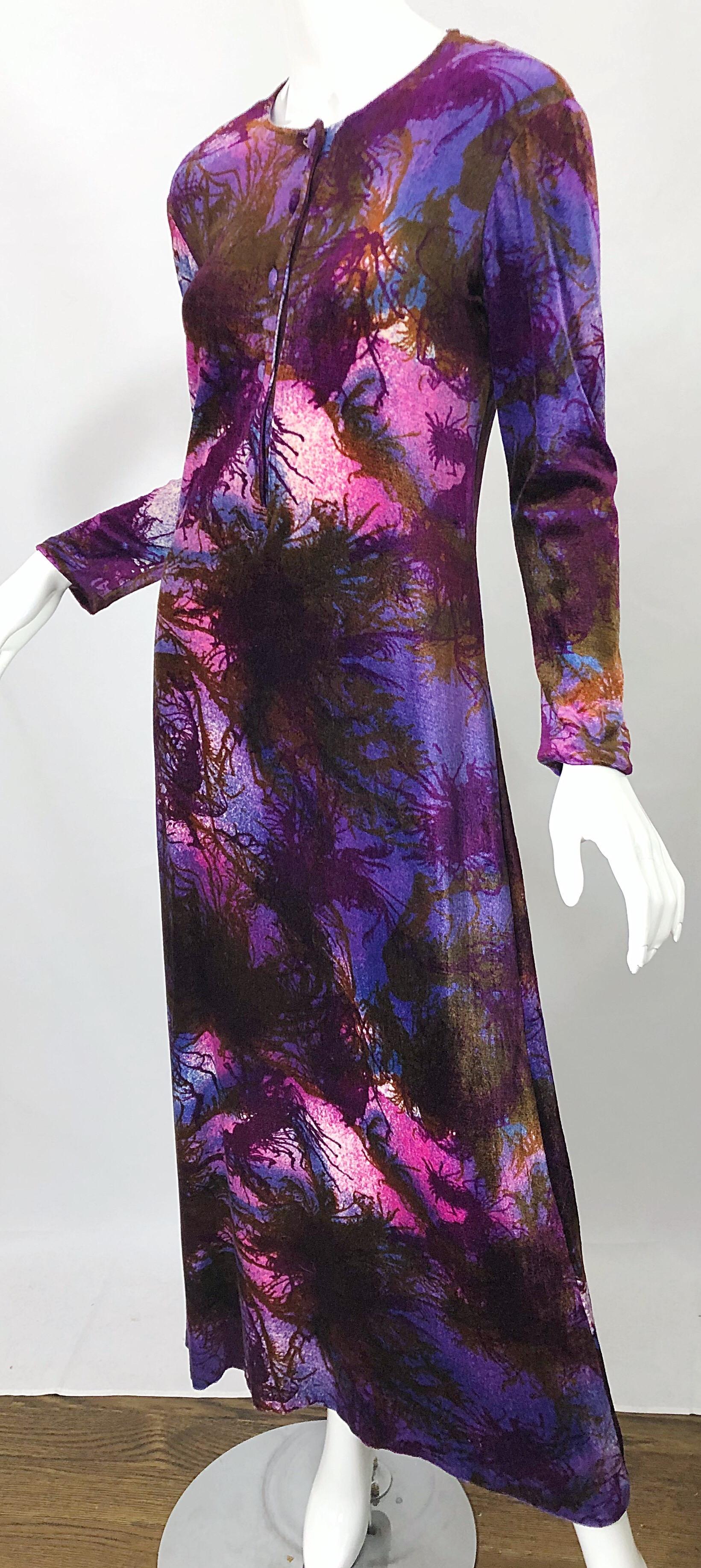 Cacharel Robe longue moderniste des années 1960 en velours et velours imprimé arbre vintage des années 60 Pour femmes en vente