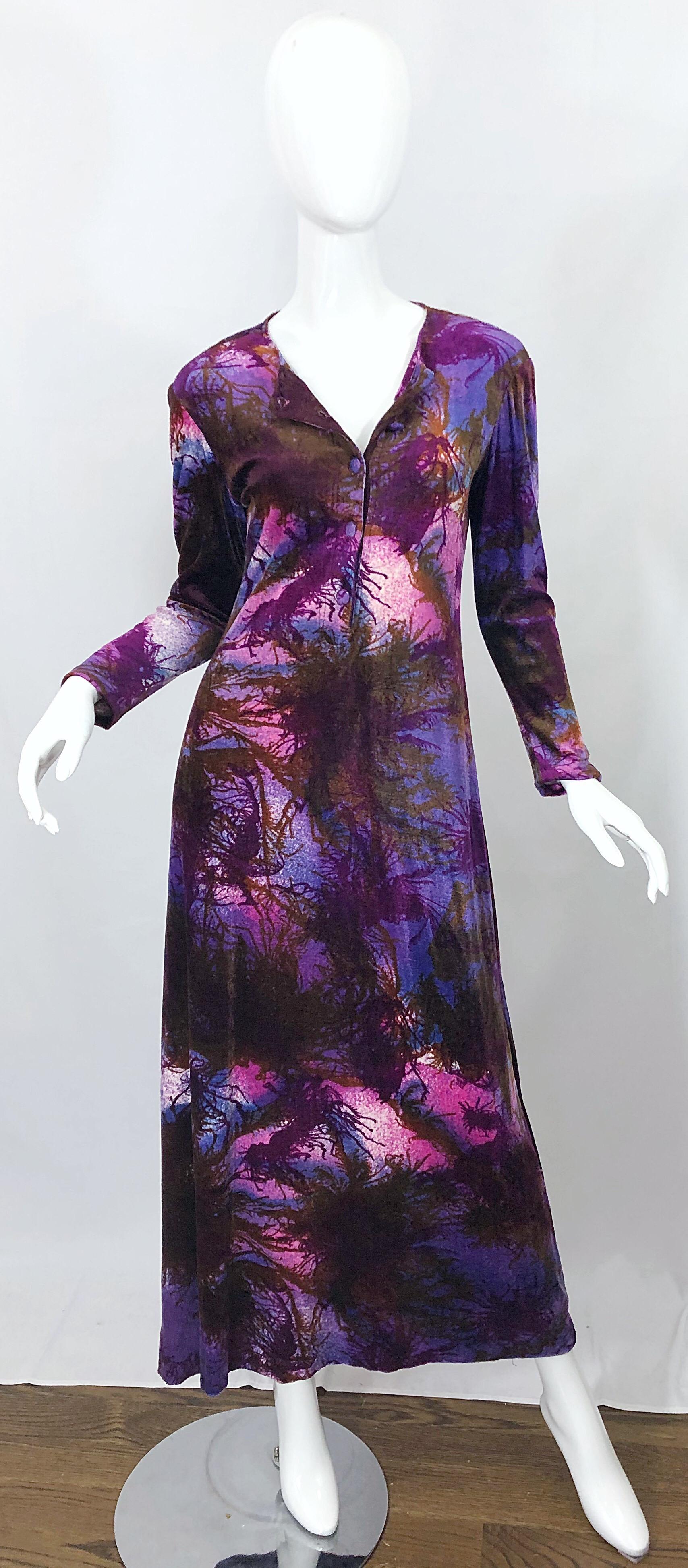 Black 1960s Cacharel Modernist Tree Print Velvet Velour Vintage 60s Maxi Dress For Sale