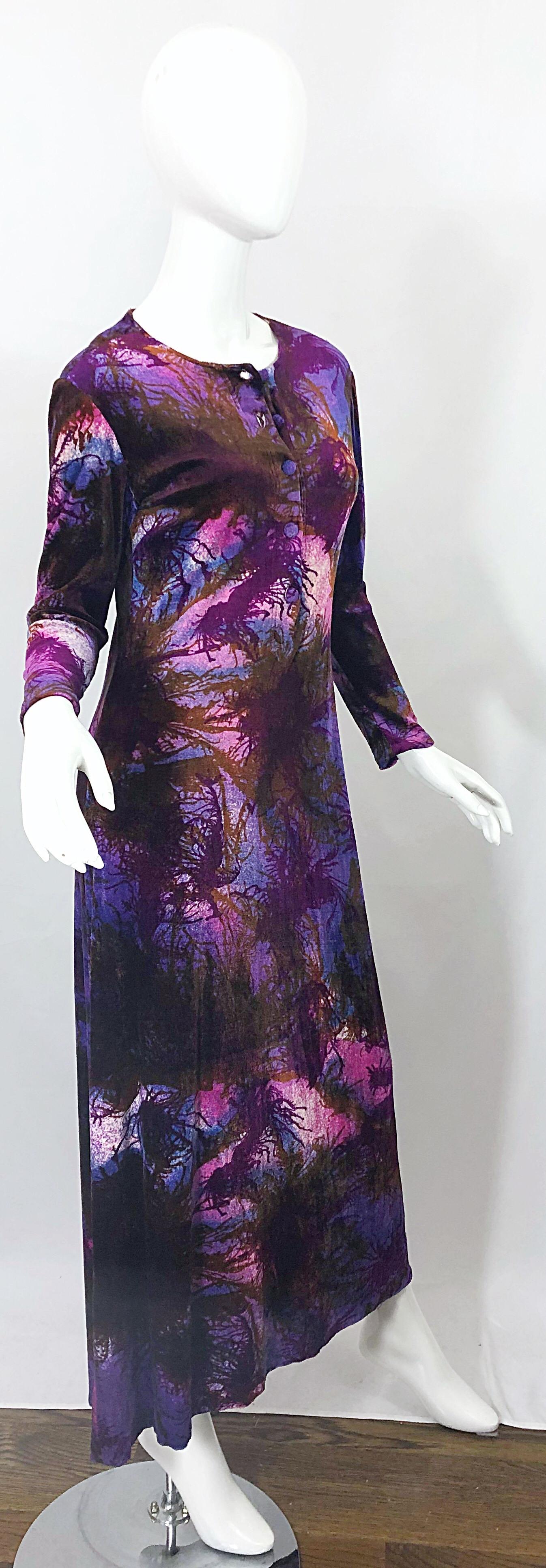 1960s Cacharel Modernist Tree Print Velvet Velour Vintage 60s Maxi Dress In Excellent Condition For Sale In San Diego, CA