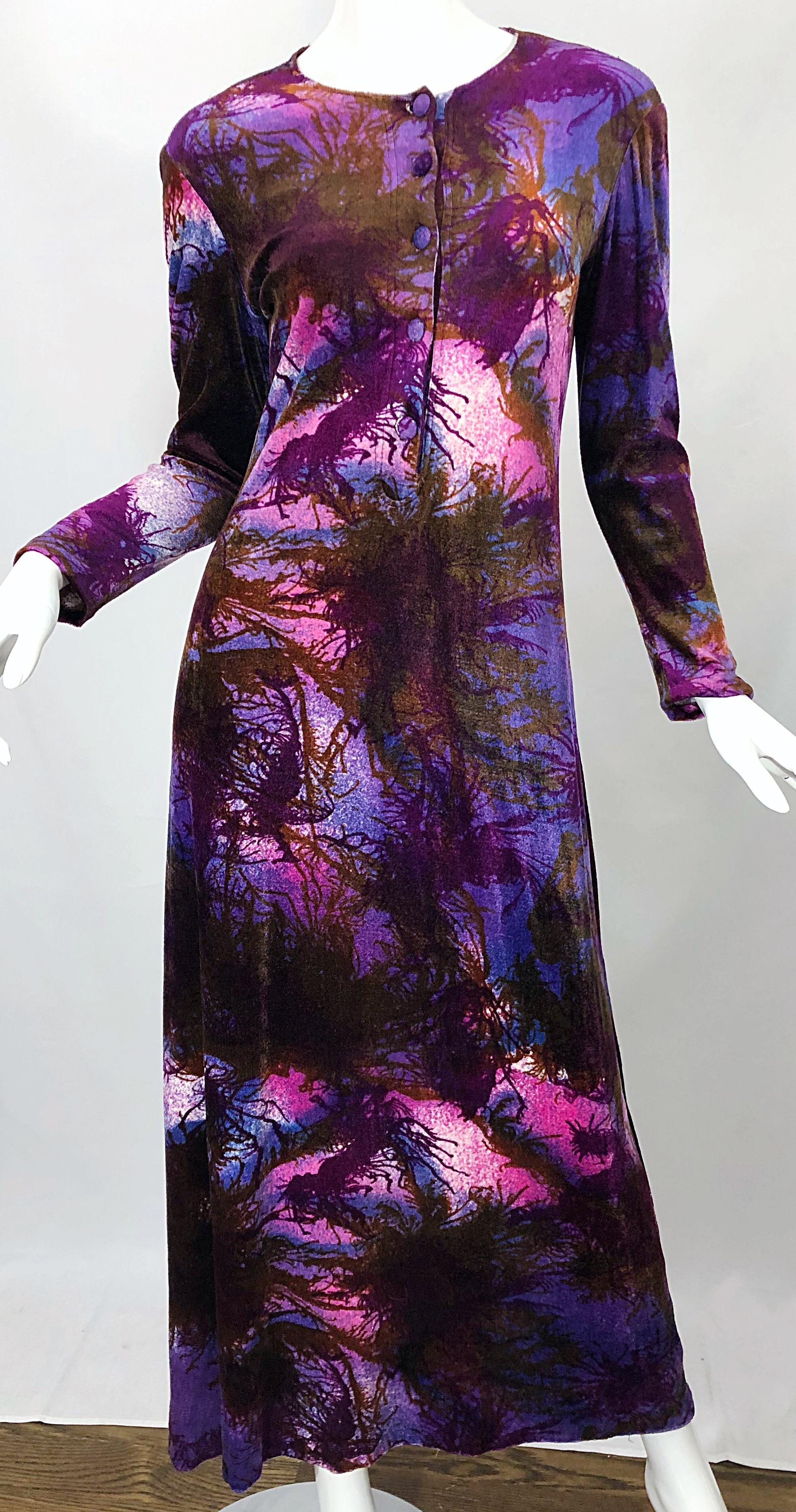 1960s Cacharel Modernist Tree Print Velvet Velour Vintage 60s Maxi Dress For Sale 1