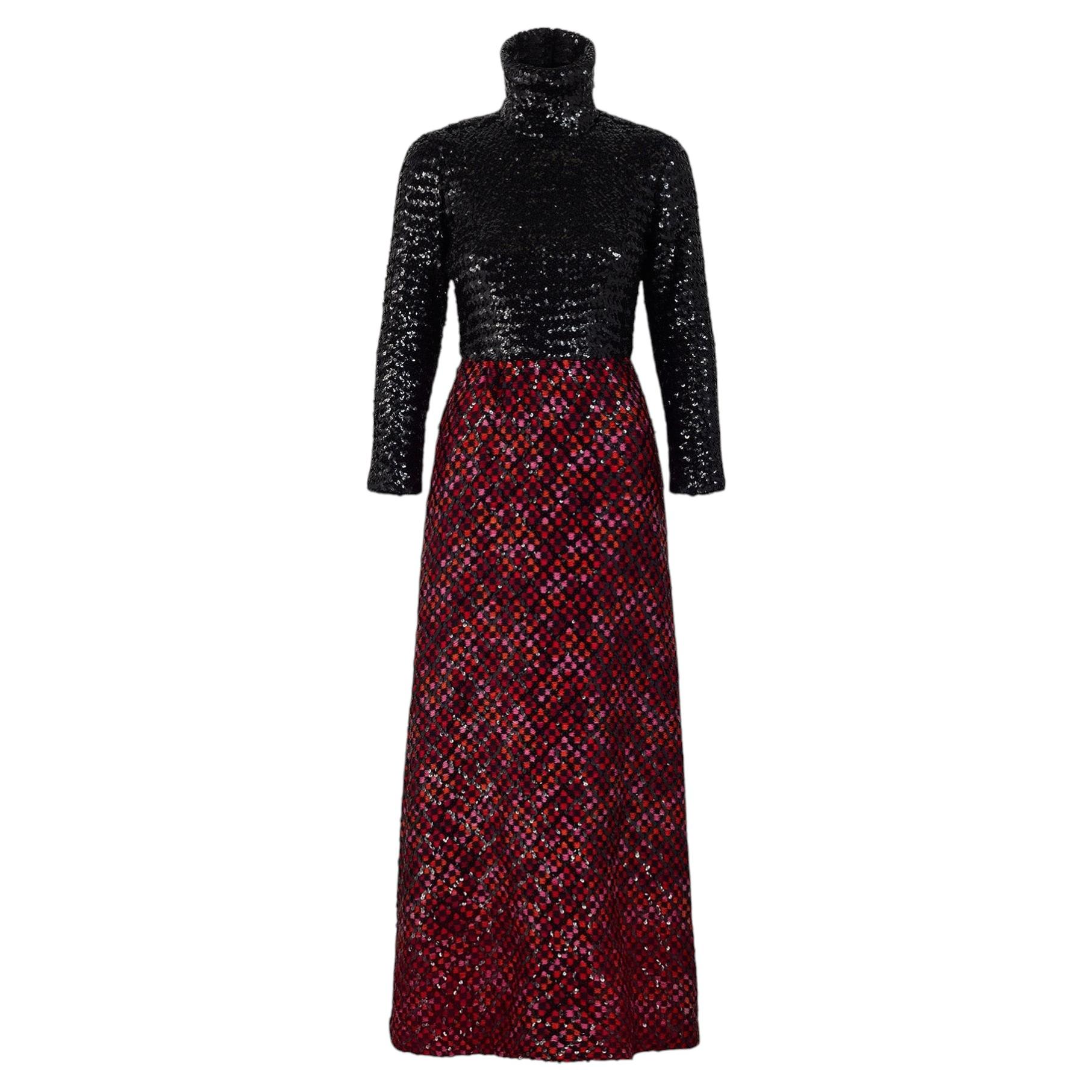 1960s Calderón Long-Sleeve Black Sequin Checkerboard Wool Maxi Dress For Sale