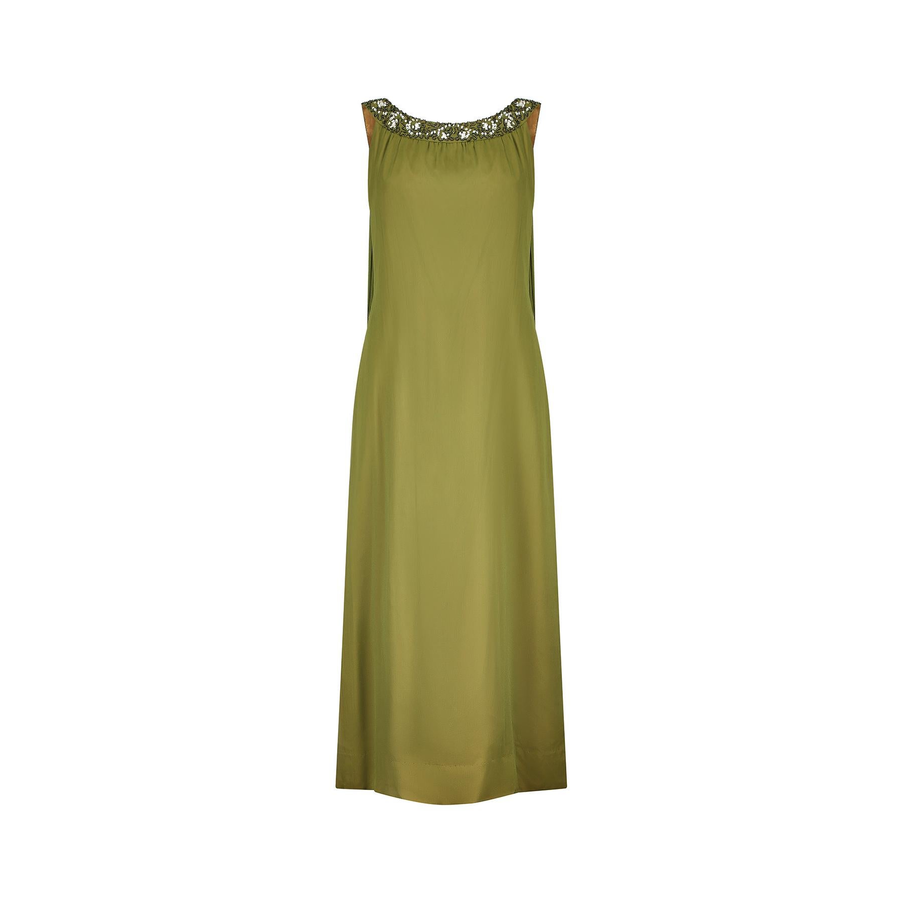 Brown 1960s California Olive Green Chiffon Beaded Dress with Train For Sale