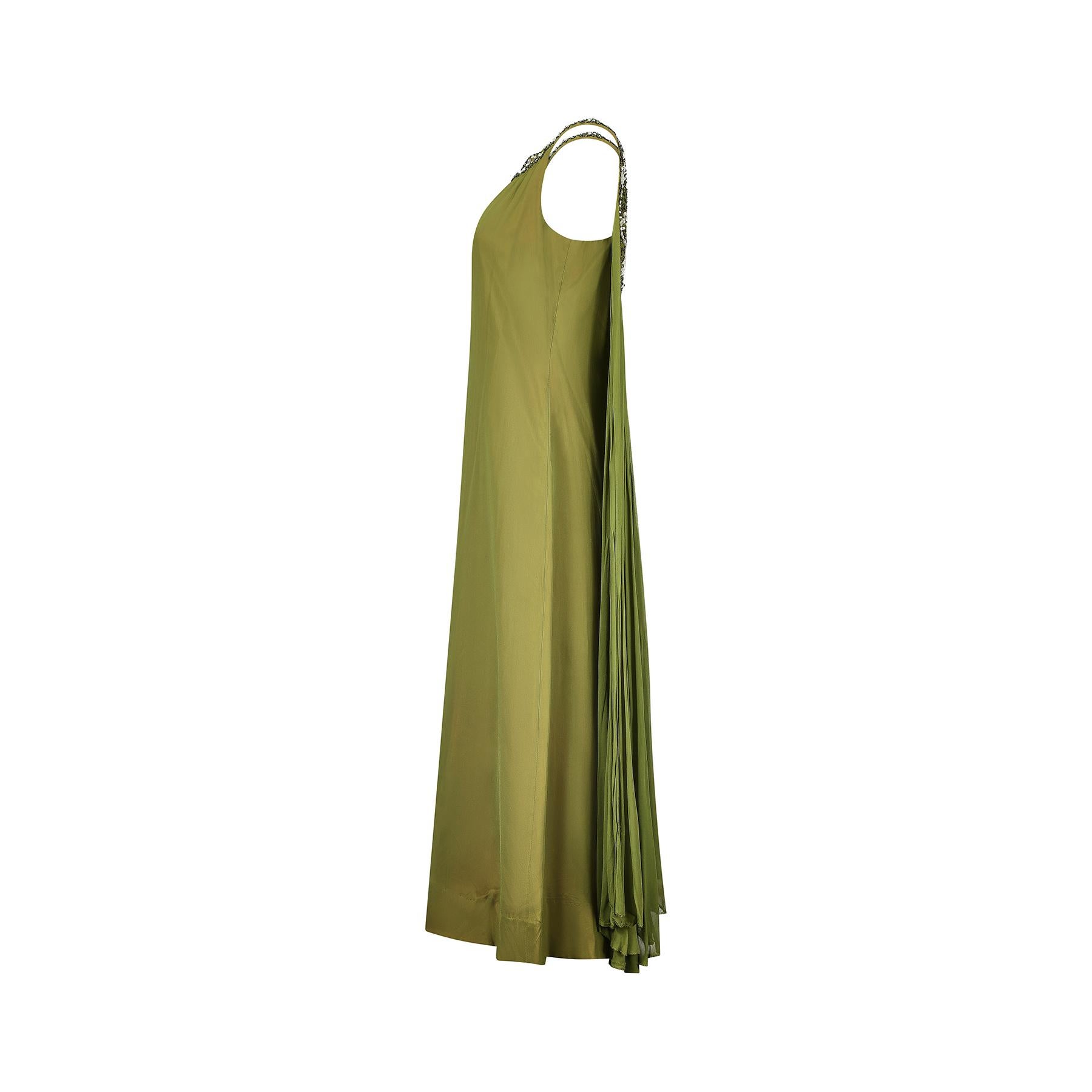 1960s California Olive Green Chiffon Beaded Dress with Train In Good Condition For Sale In London, GB