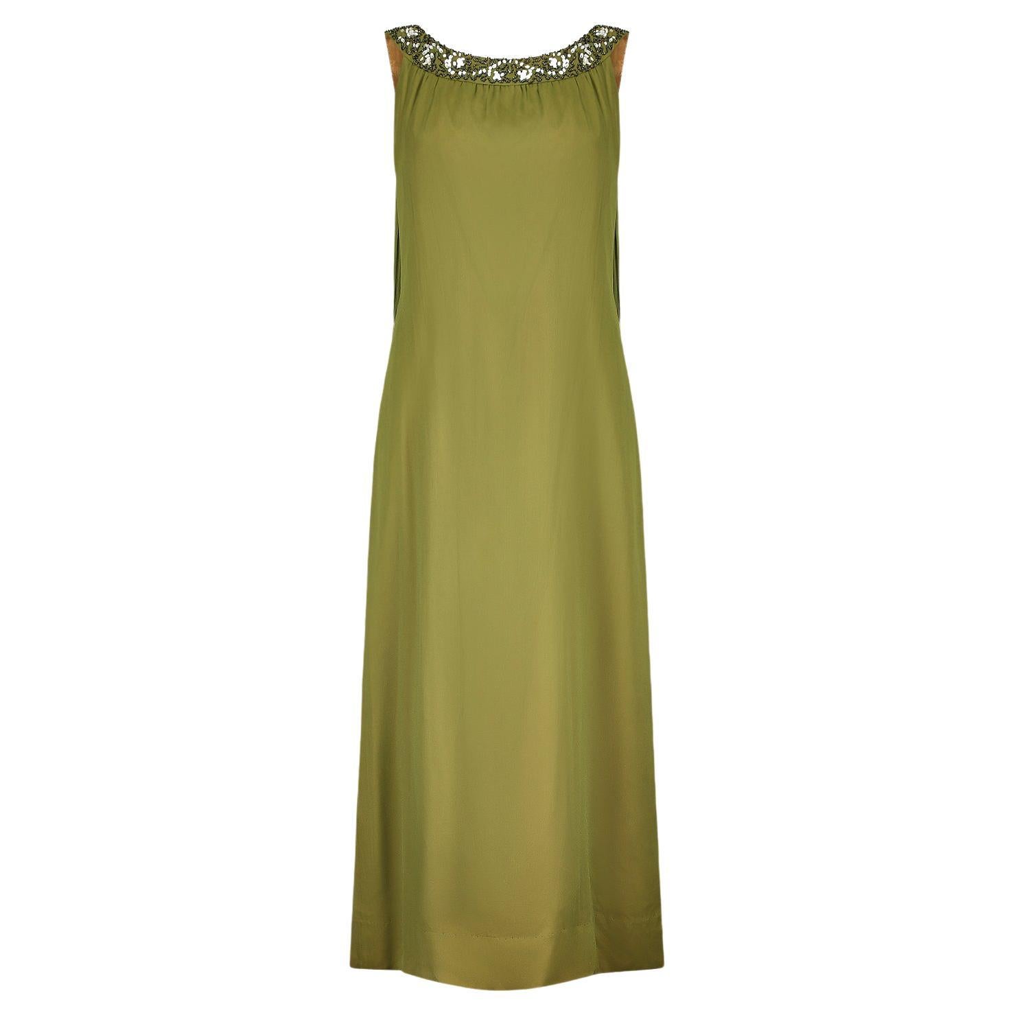 1960s California Olive Green Chiffon Beaded Dress with Train For Sale