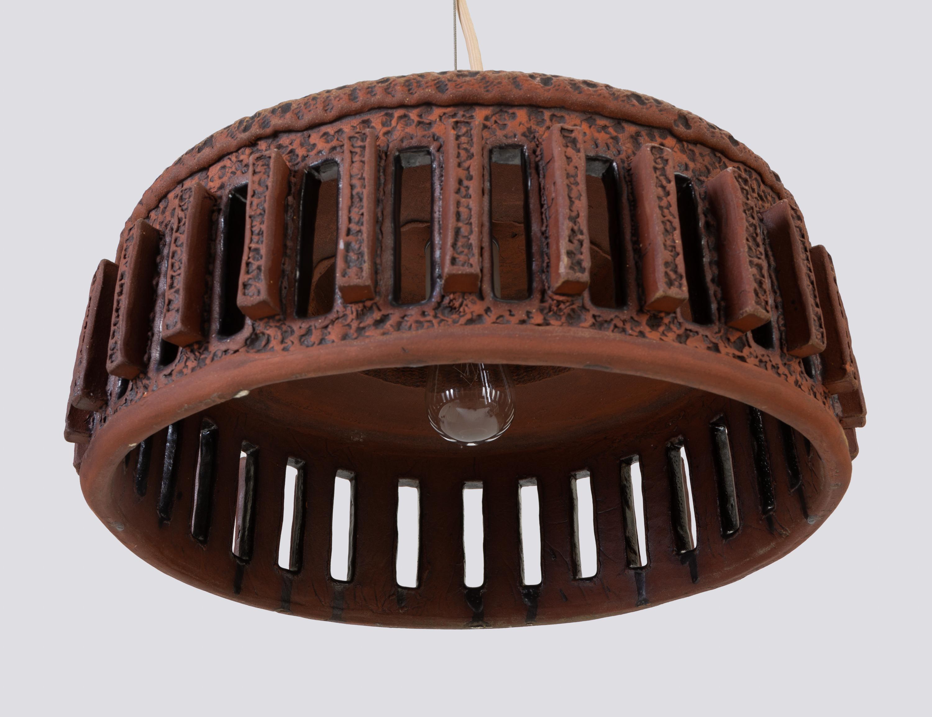 Steel 1960s California Studio Pottery Drum-Shaped Pendant Light Fixture