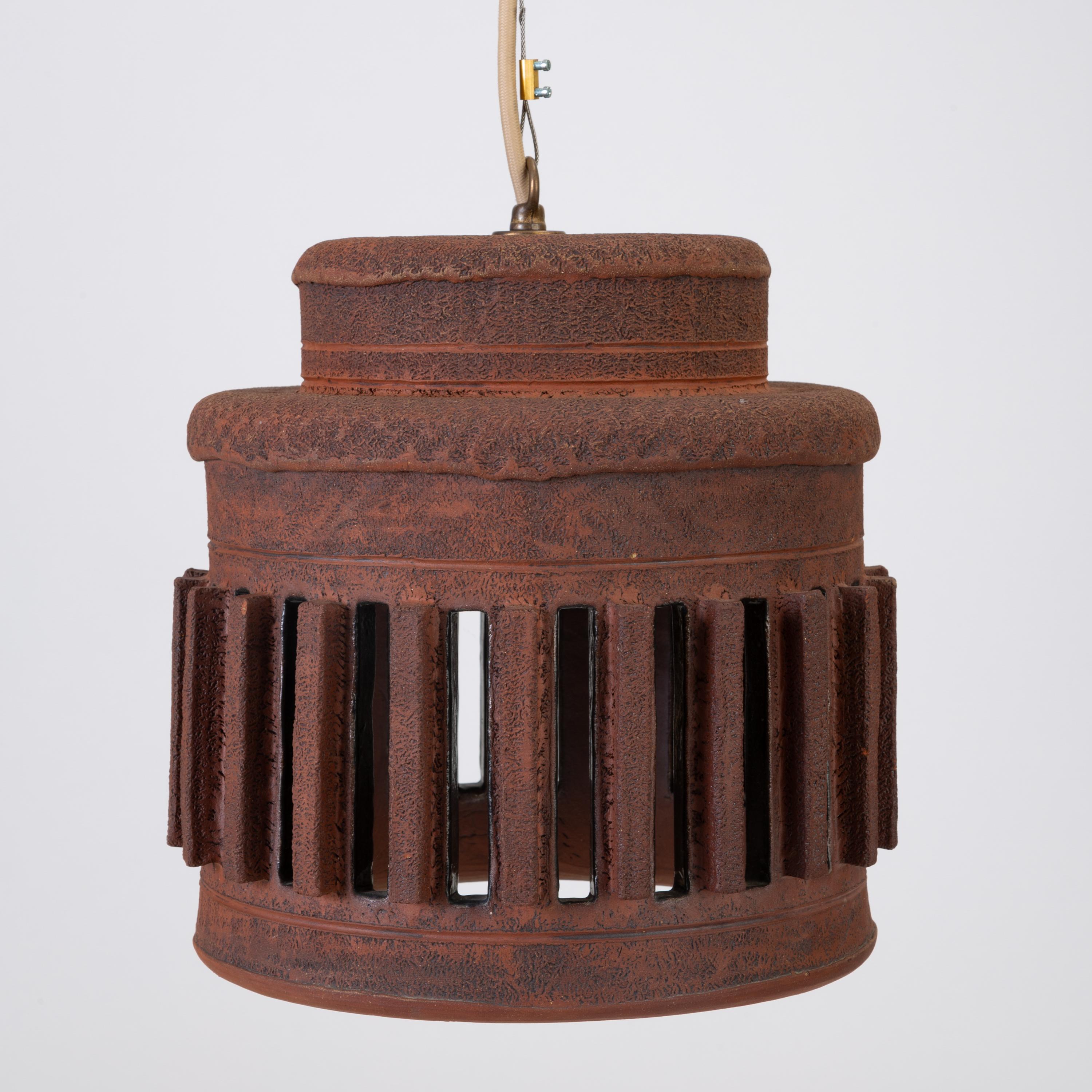 American 1960s California Studio Pottery Drum-Shaped Pendant Light with Raised Vents