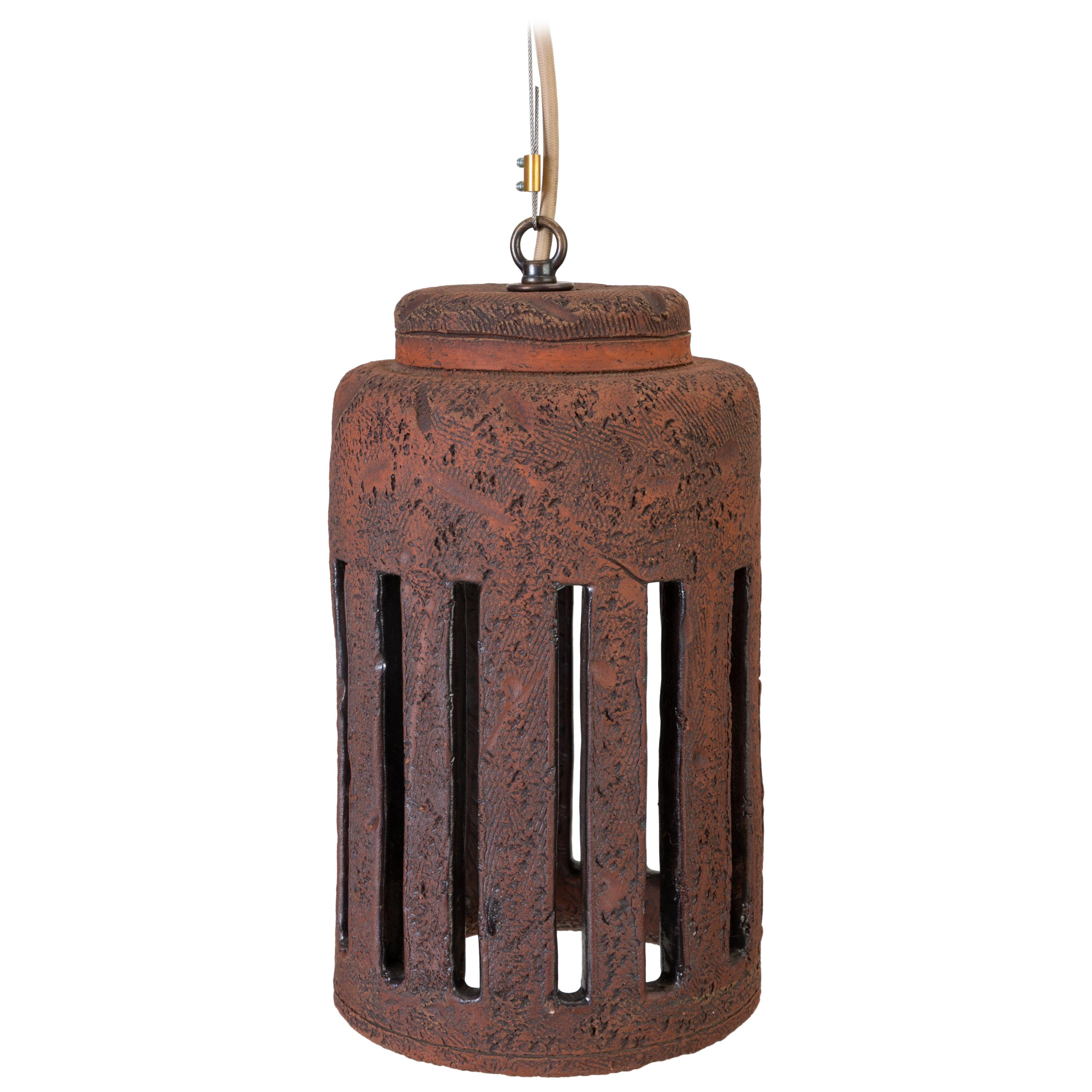 1960s California Studio Pottery Pendant Light Fixture with Crenellations