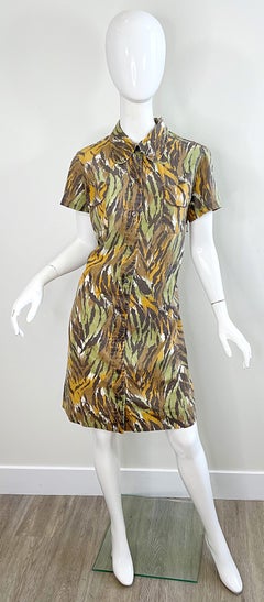 1960s Camouflage Large Size Vintage 60s Short Sleeve Cotton Shift Dress