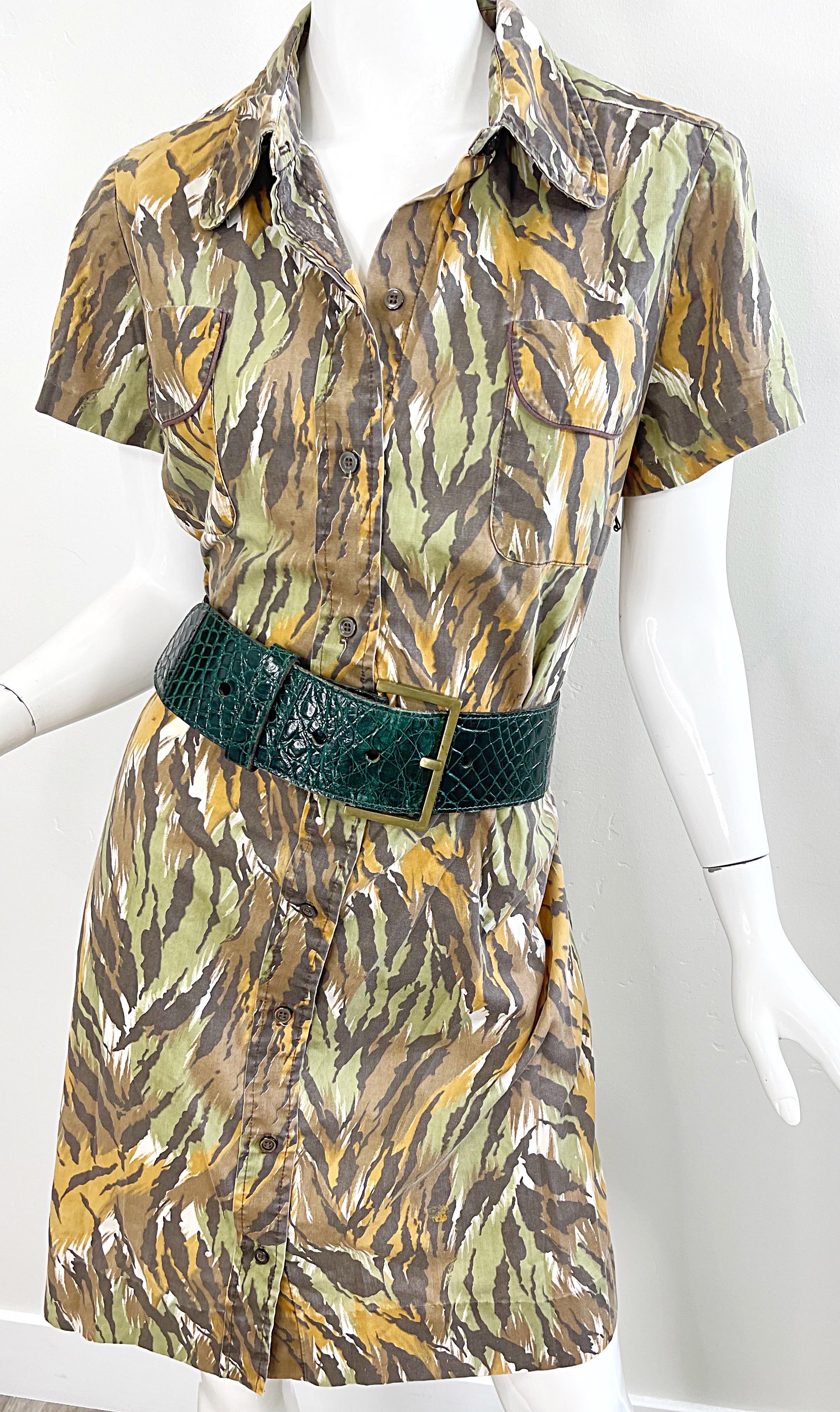 1960er Camouflage Großformatiges Vintage 60er Kurzarm-Shiftkleid aus Baumwolle mit kurzen Ärmeln Damen im Angebot