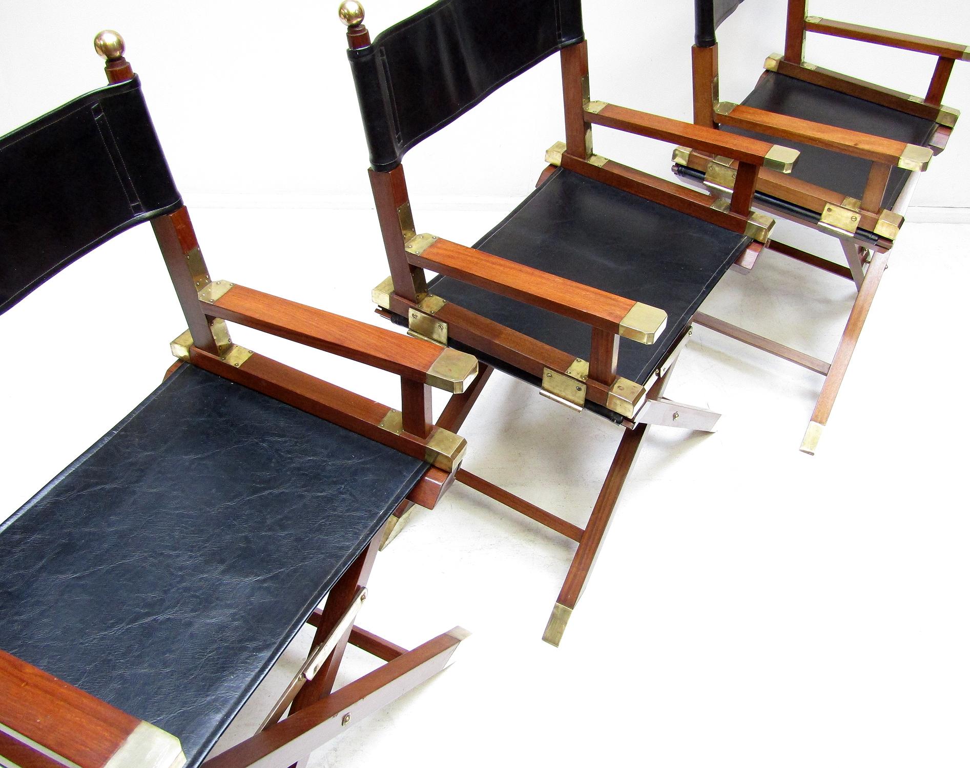 British Colonial 1960s Campaign Safari Chairs in Brass, Mahogany & Leather by Charlotte Horstmann