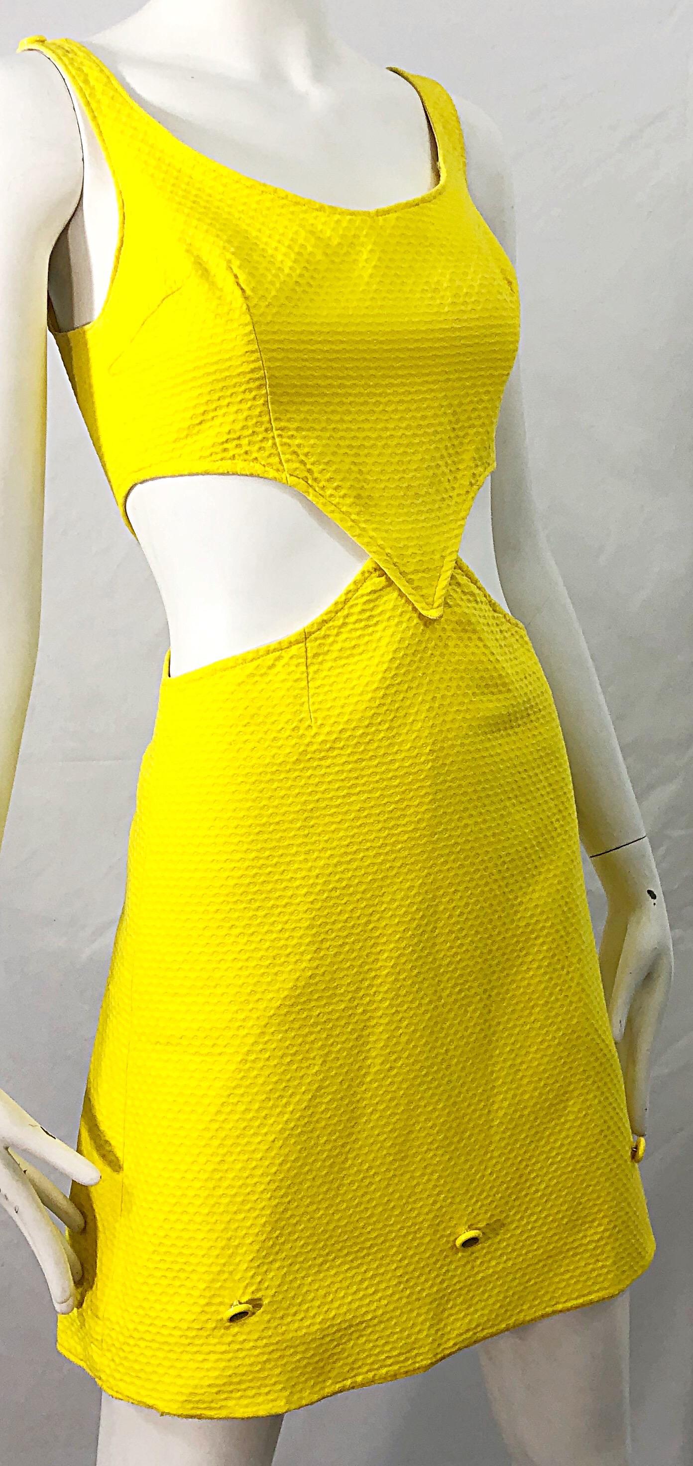 1960s Canary Yellow Cut - Out Honeycomb Cotton Vintage 60s A Line Dress In Excellent Condition In San Diego, CA
