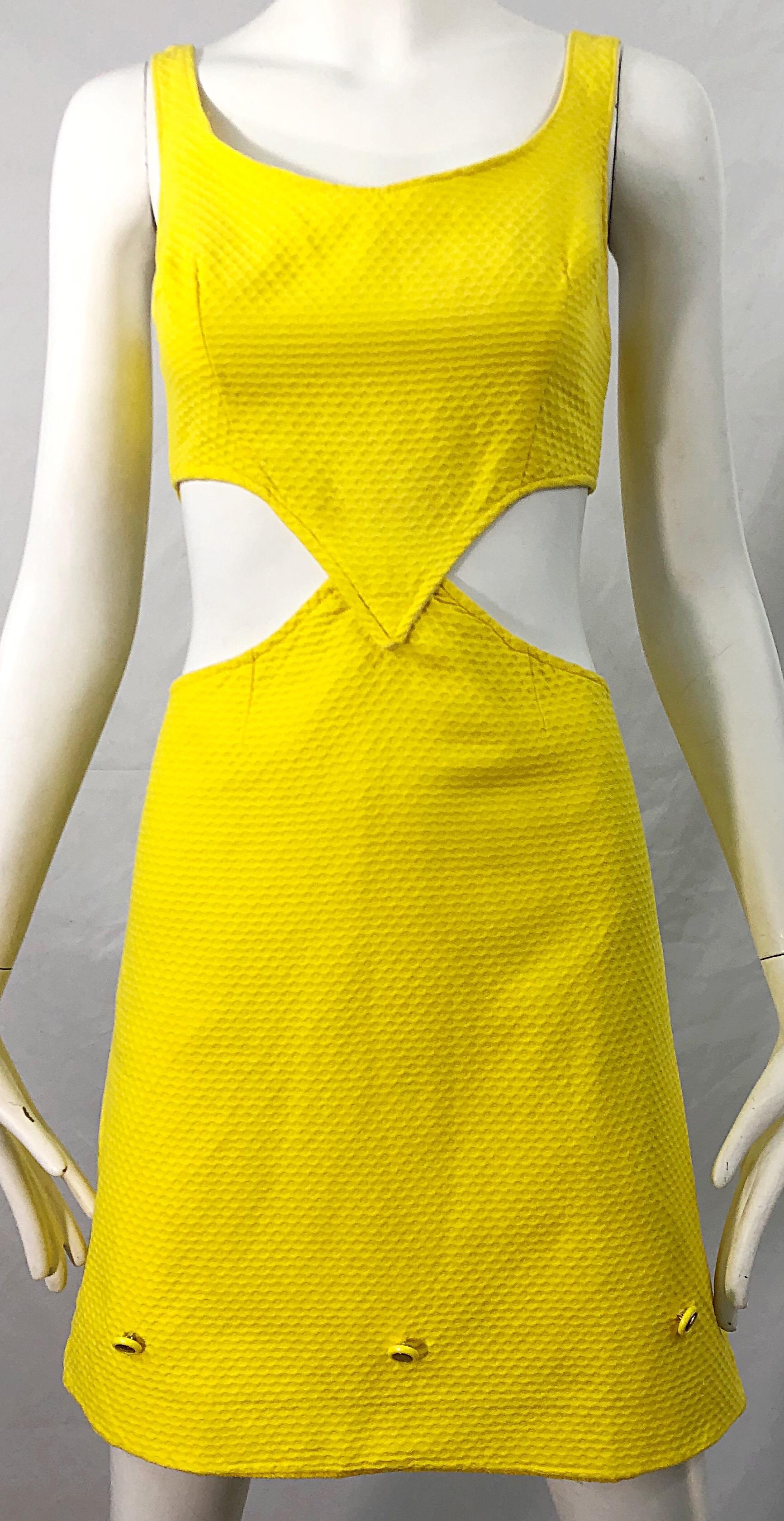 Women's 1960s Canary Yellow Cut - Out Honeycomb Cotton Vintage 60s A Line Dress