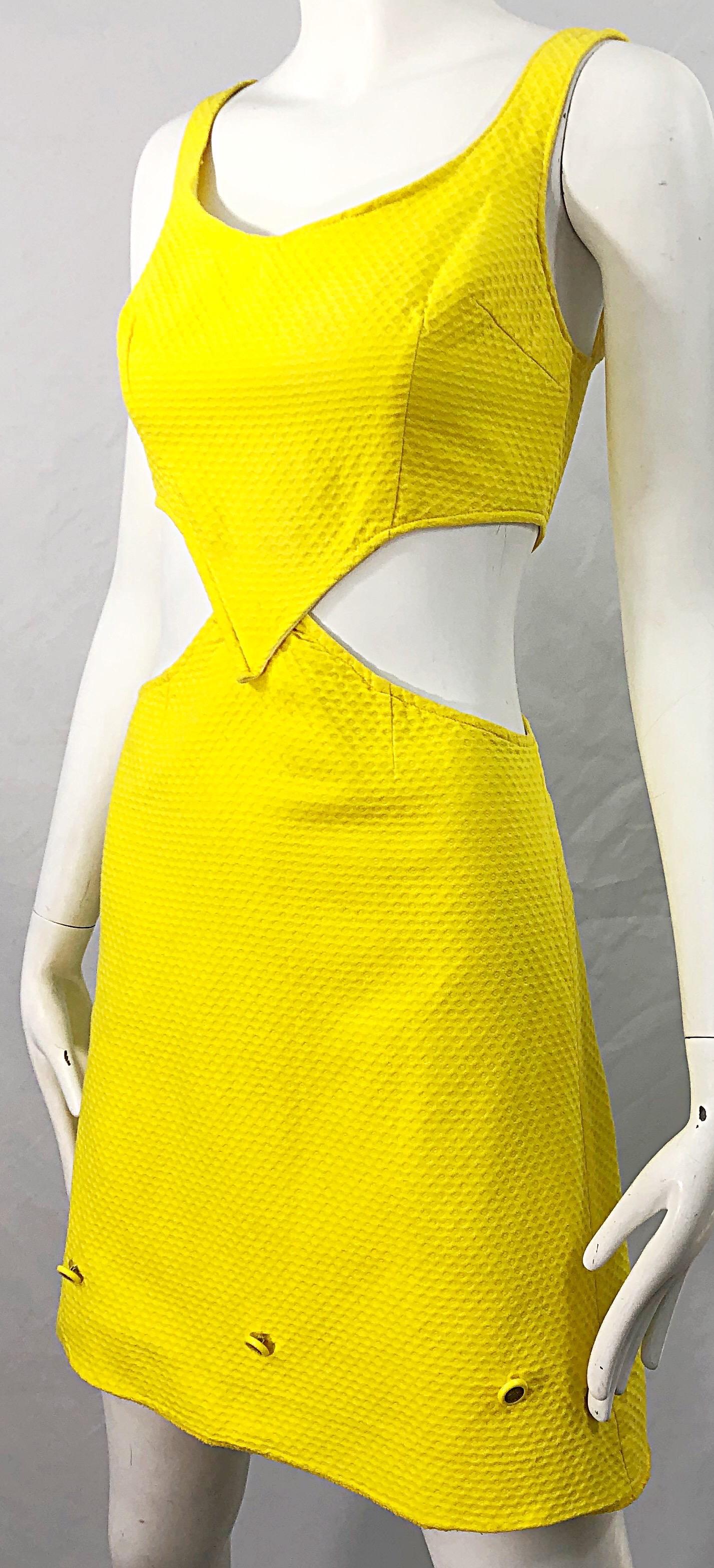 1960s Canary Yellow Cut - Out Honeycomb Cotton Vintage 60s A Line Dress 1