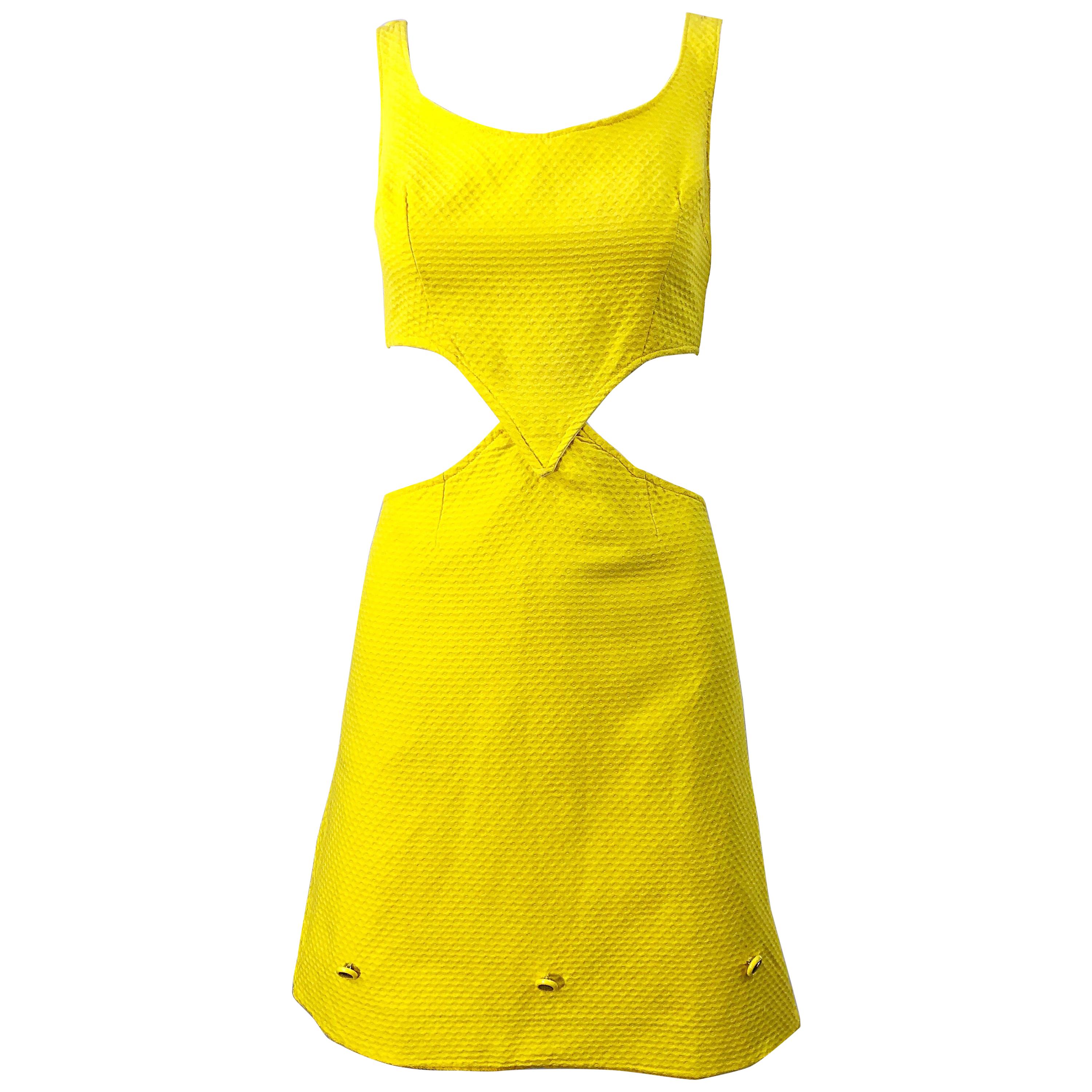 1960s Canary Yellow Cut - Out Honeycomb Cotton Vintage 60s A Line Dress
