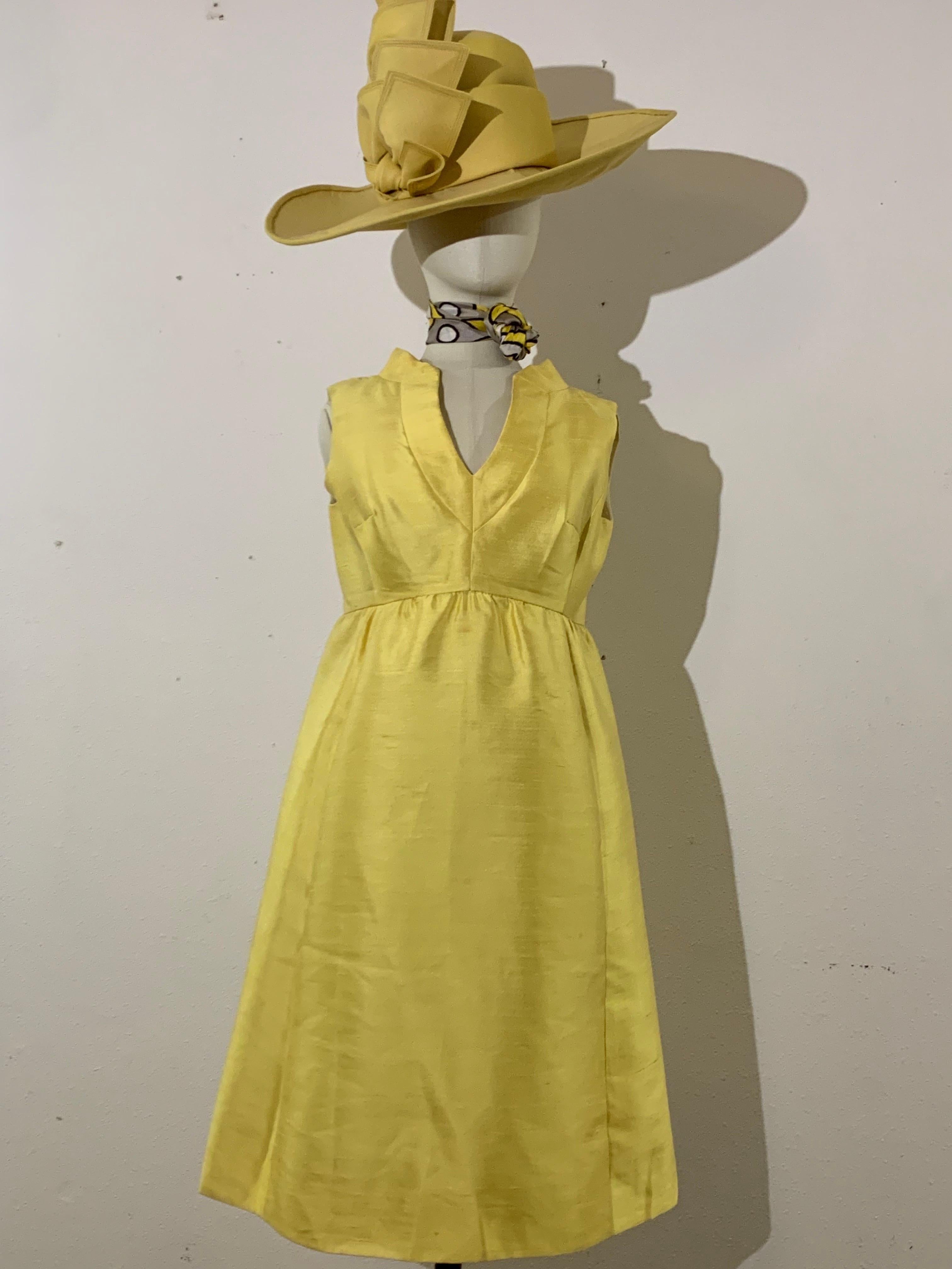 1960s Canary Yellow Silk Shantung Empire-Waist Sleeveless Cocktail Dress For Sale 11