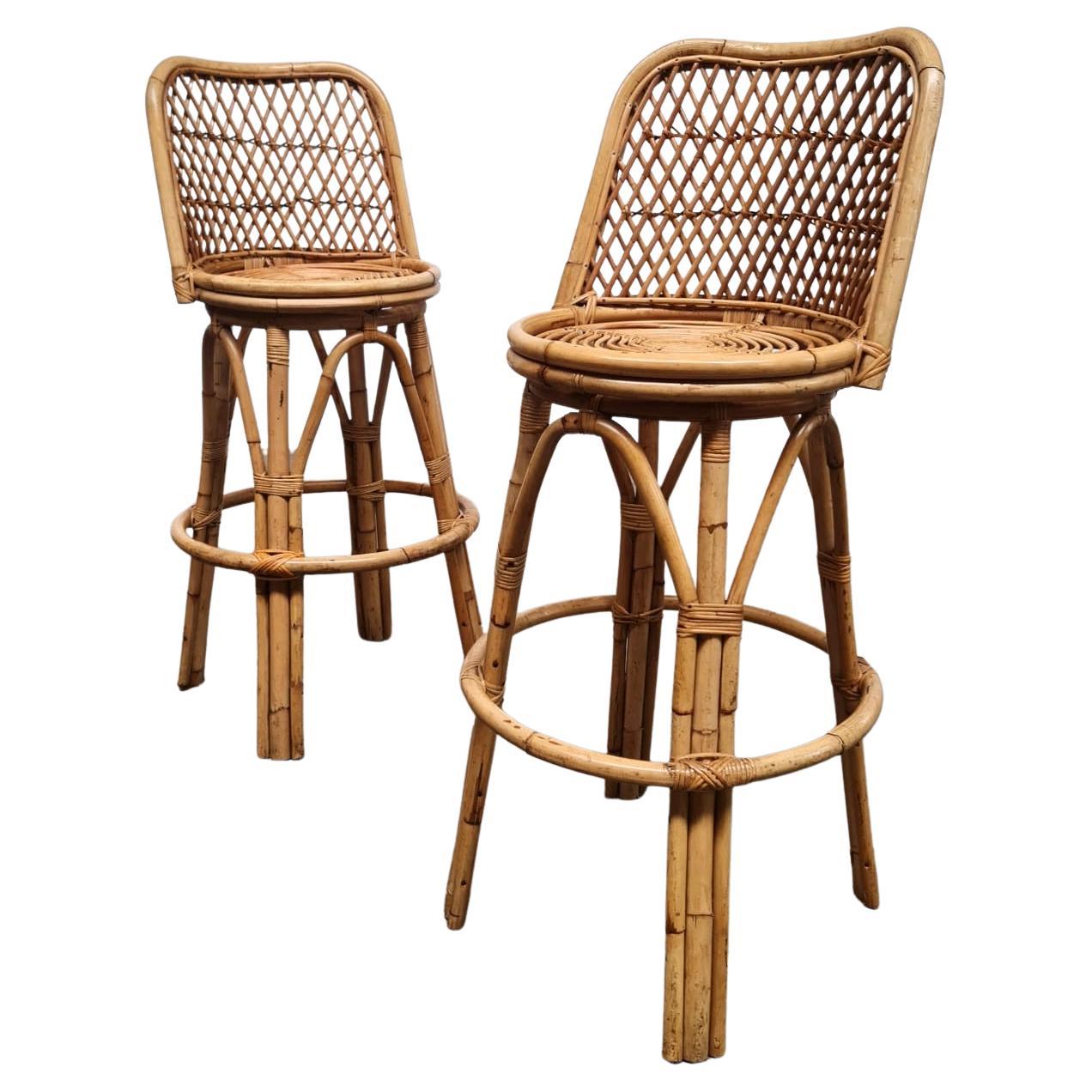 1960s Cane Bamboo Barstools For Sale