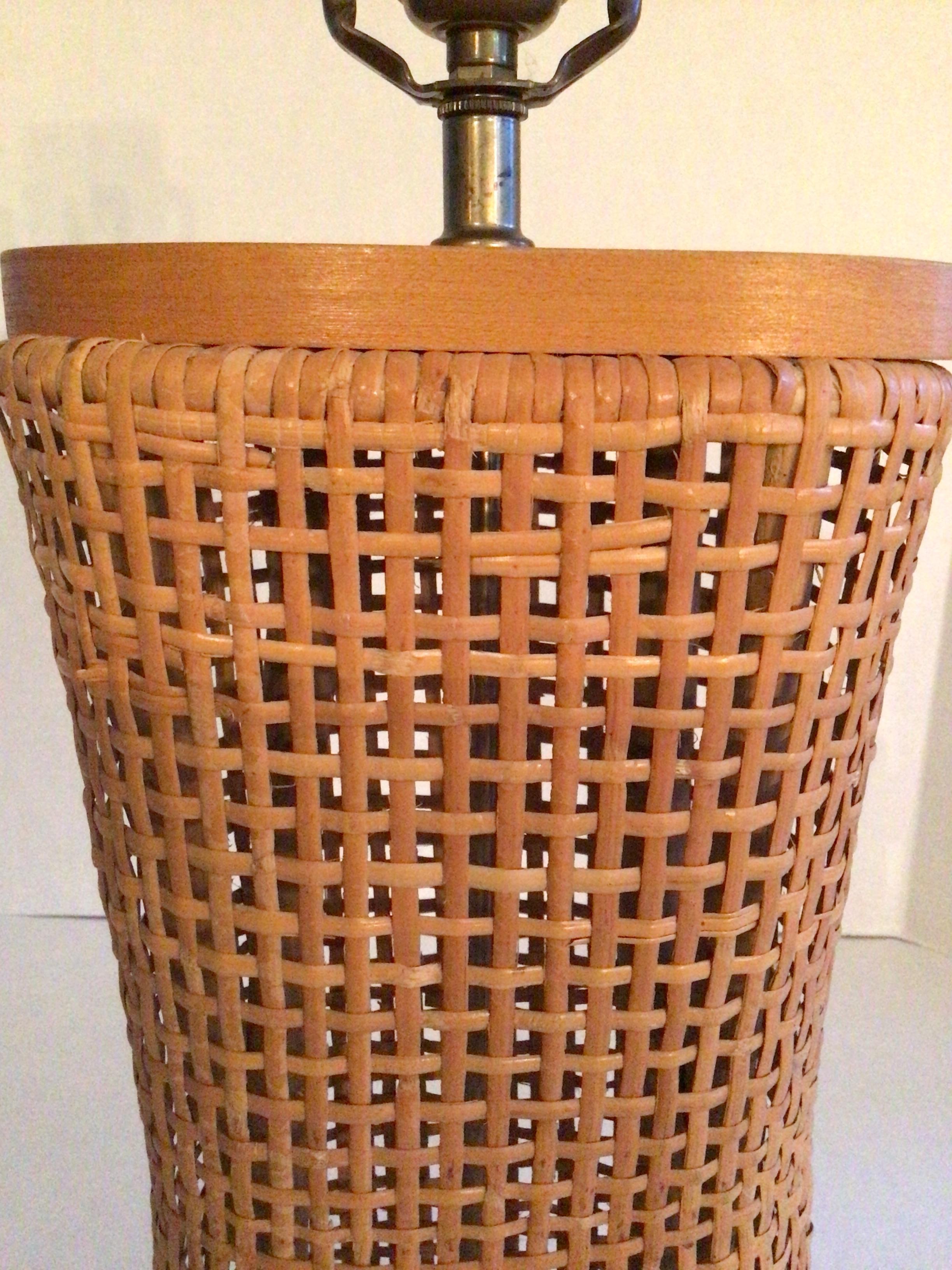 1960s Caned Table Lamp With Wood Top and Base For Sale 5