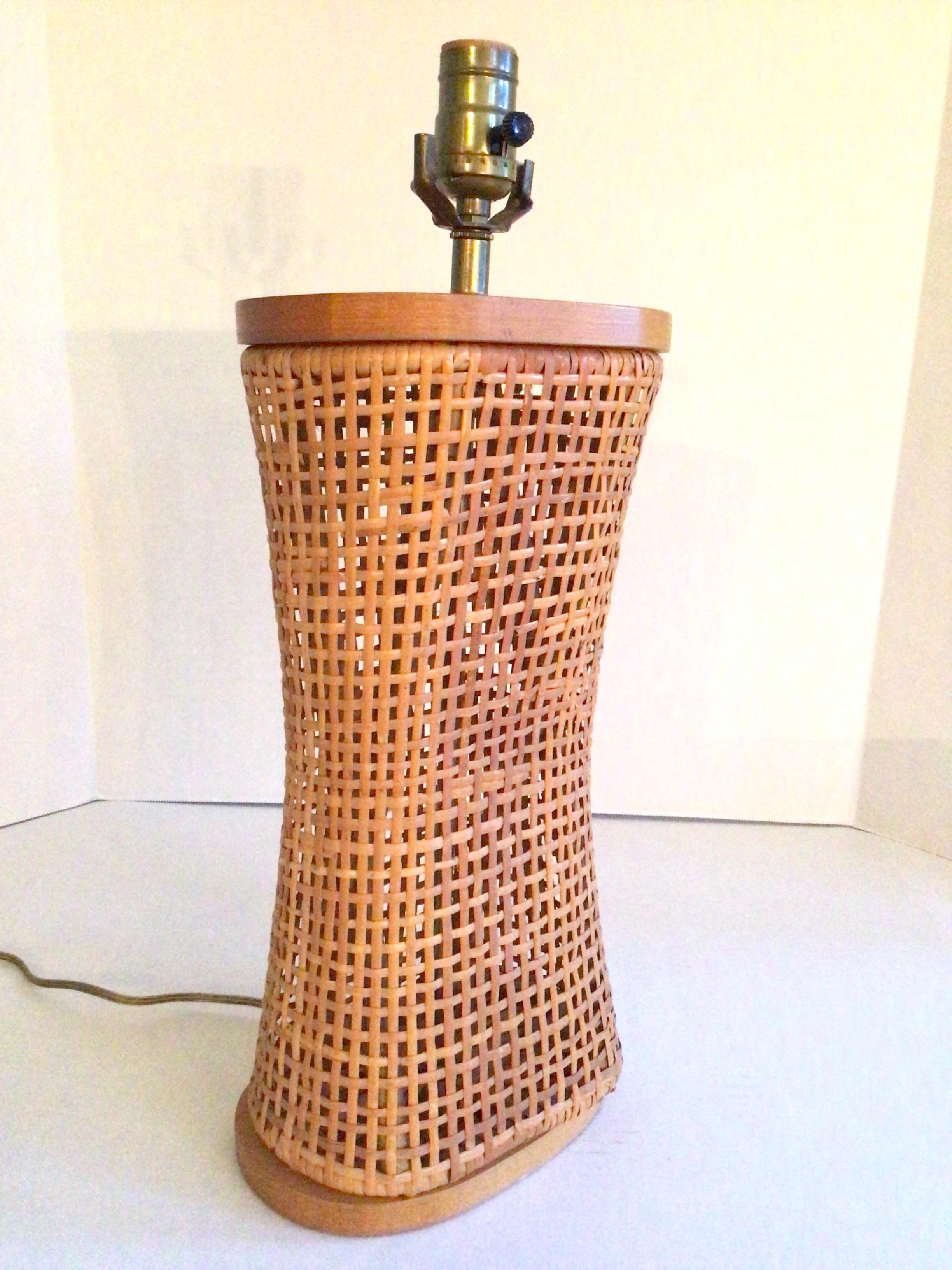 Caning 1960s Caned Table Lamp With Wood Top and Base For Sale