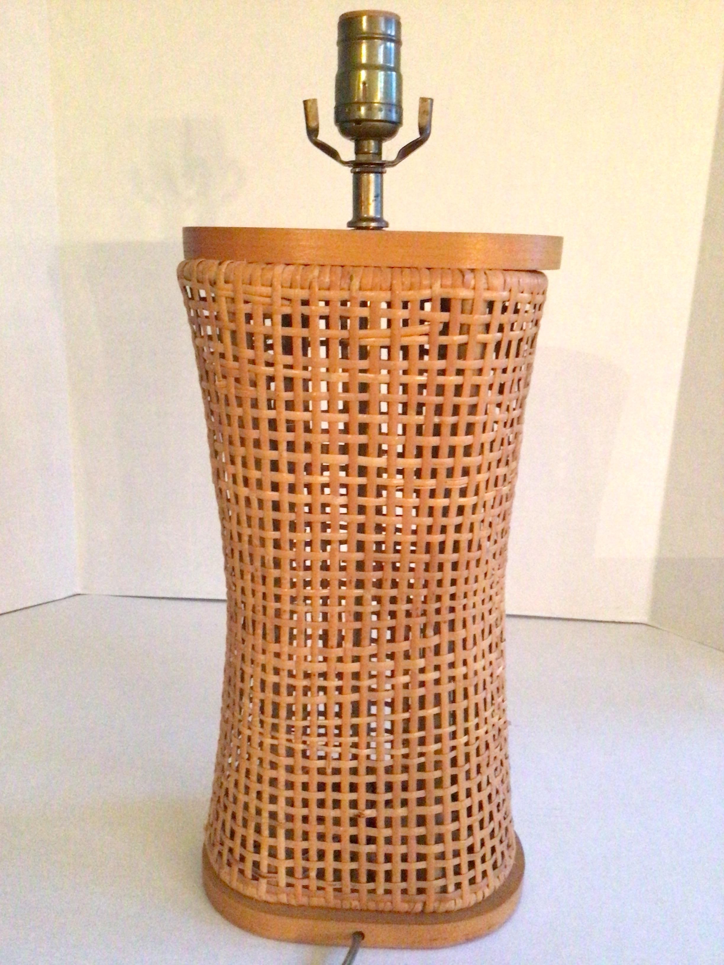 Mid-20th Century 1960s Caned Table Lamp With Wood Top and Base For Sale
