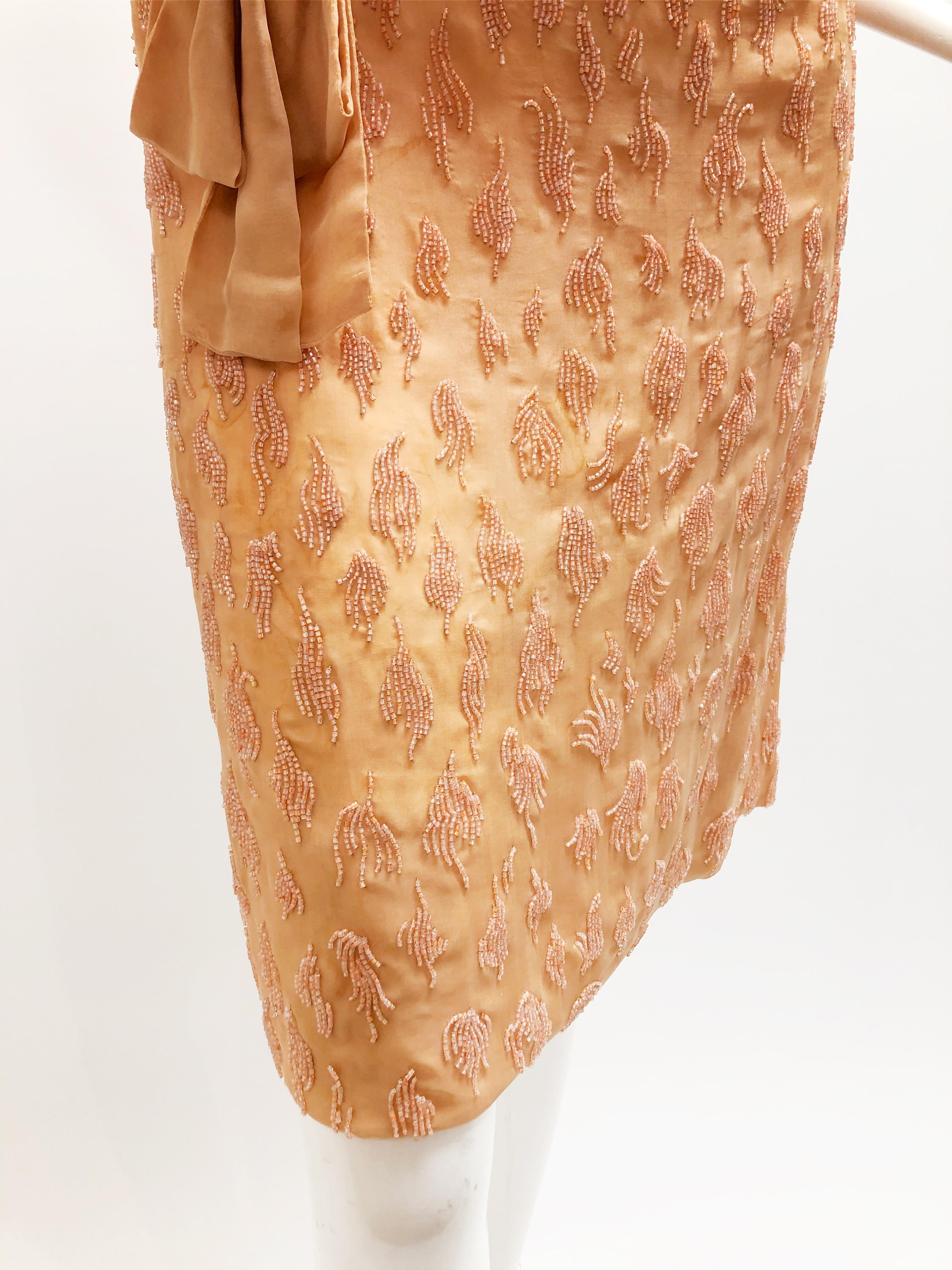 Brown 1960s Caramel Silk Beaded Tank Dress W/ Blouson Waist
