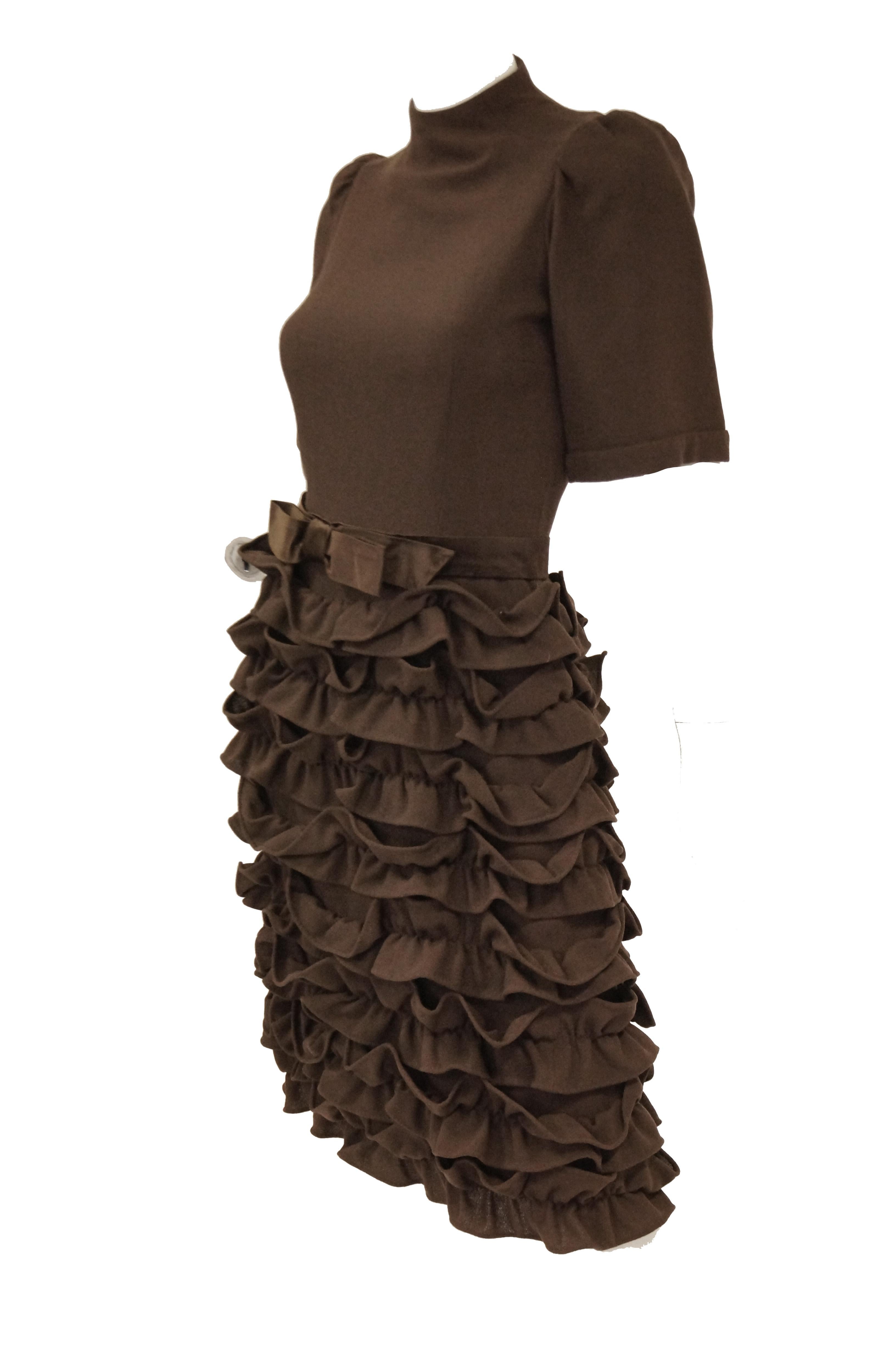 1960s Cardinali Chocolate Brown “Sample” Cocktail Dress w/ Scalloped Skirt In Excellent Condition For Sale In Houston, TX