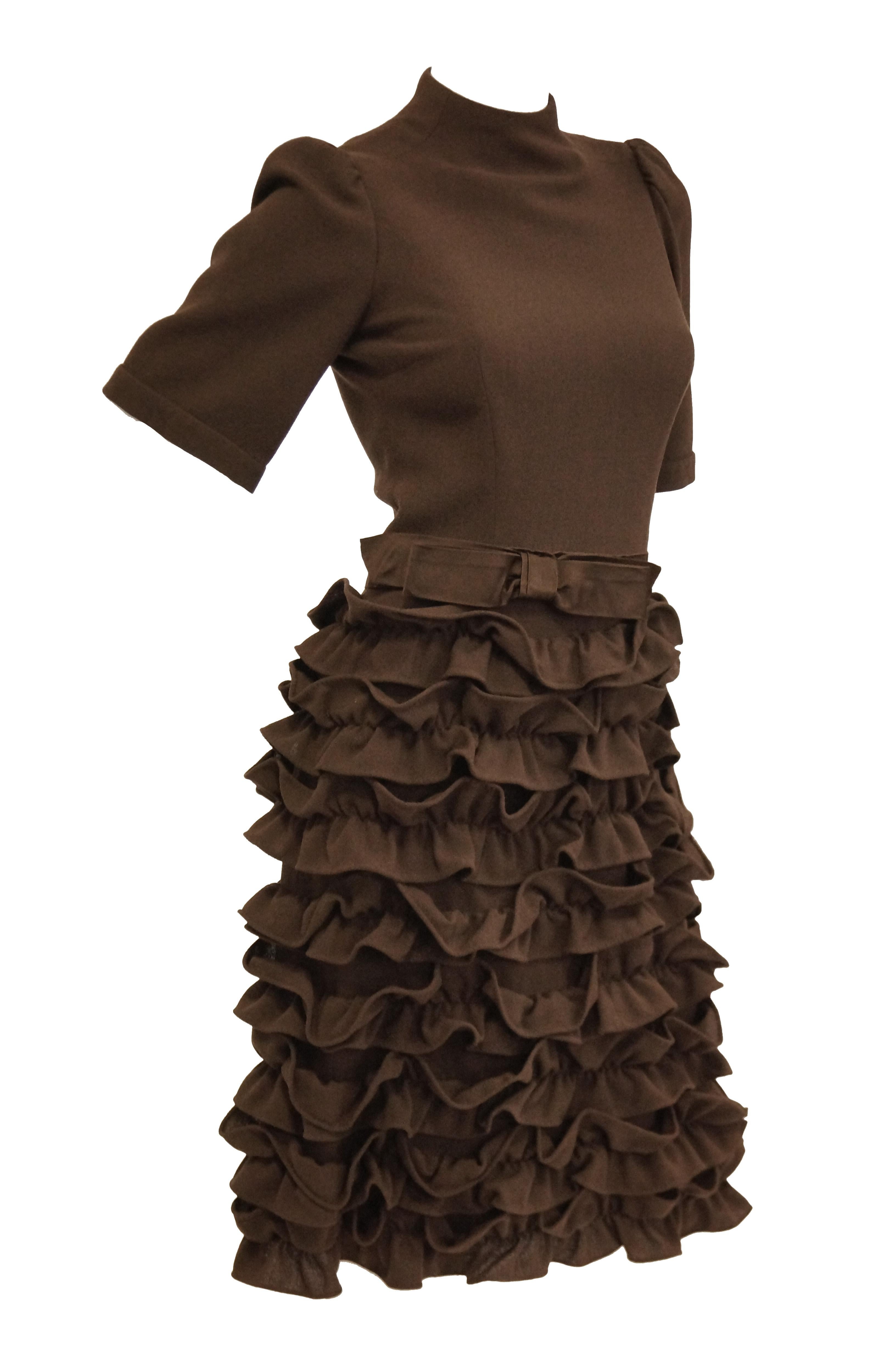 Women's 1960s Cardinali Chocolate Brown “Sample” Cocktail Dress w/ Scalloped Skirt For Sale