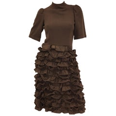 1960s Cardinali Chocolate Brown “Sample” Cocktail Dress w/ Scalloped Skirt