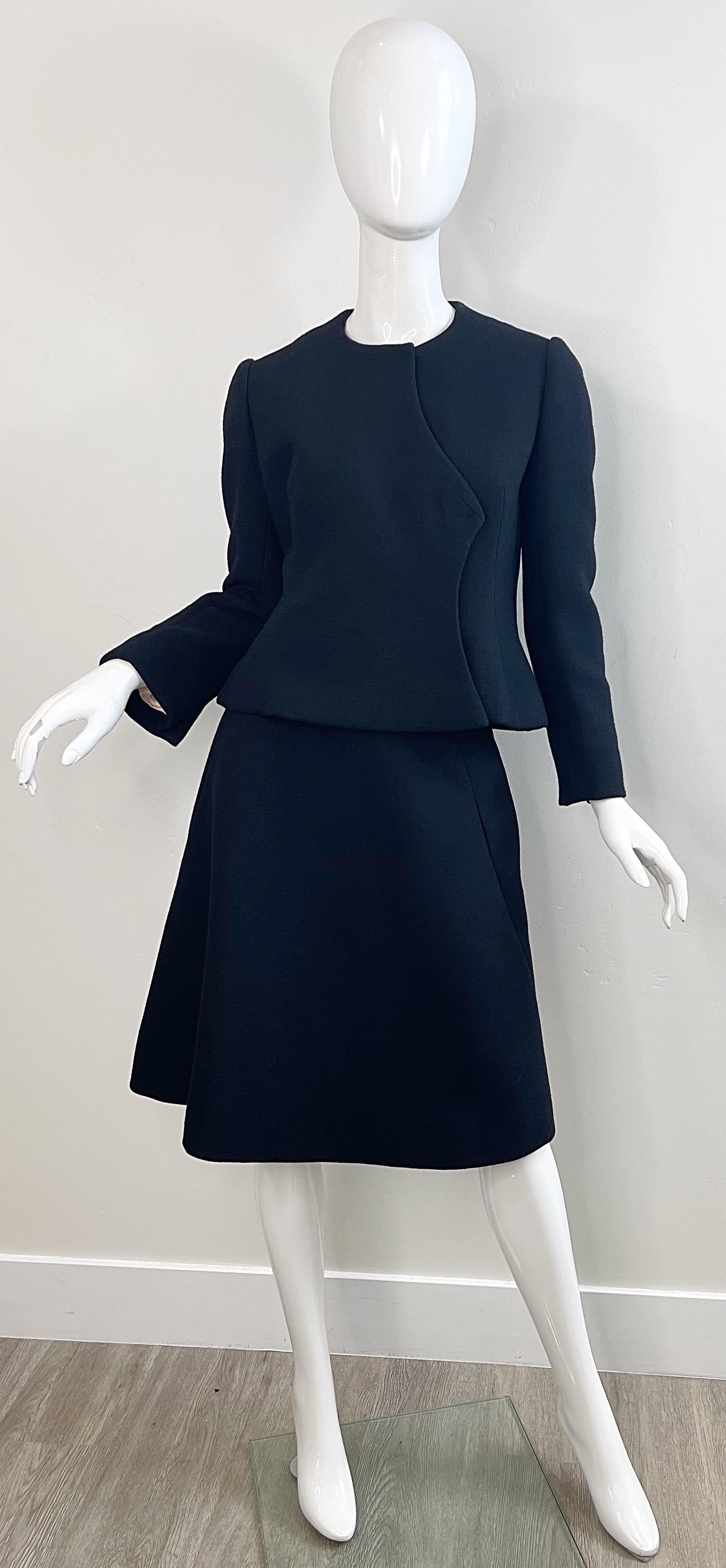 1960er Cardinali Couture Schwarz Wolle Einzigartiger Vintage A - Linie 60er Jahre Rock Anzug Jacke aus Wolle im Zustand „Hervorragend“ im Angebot in San Diego, CA