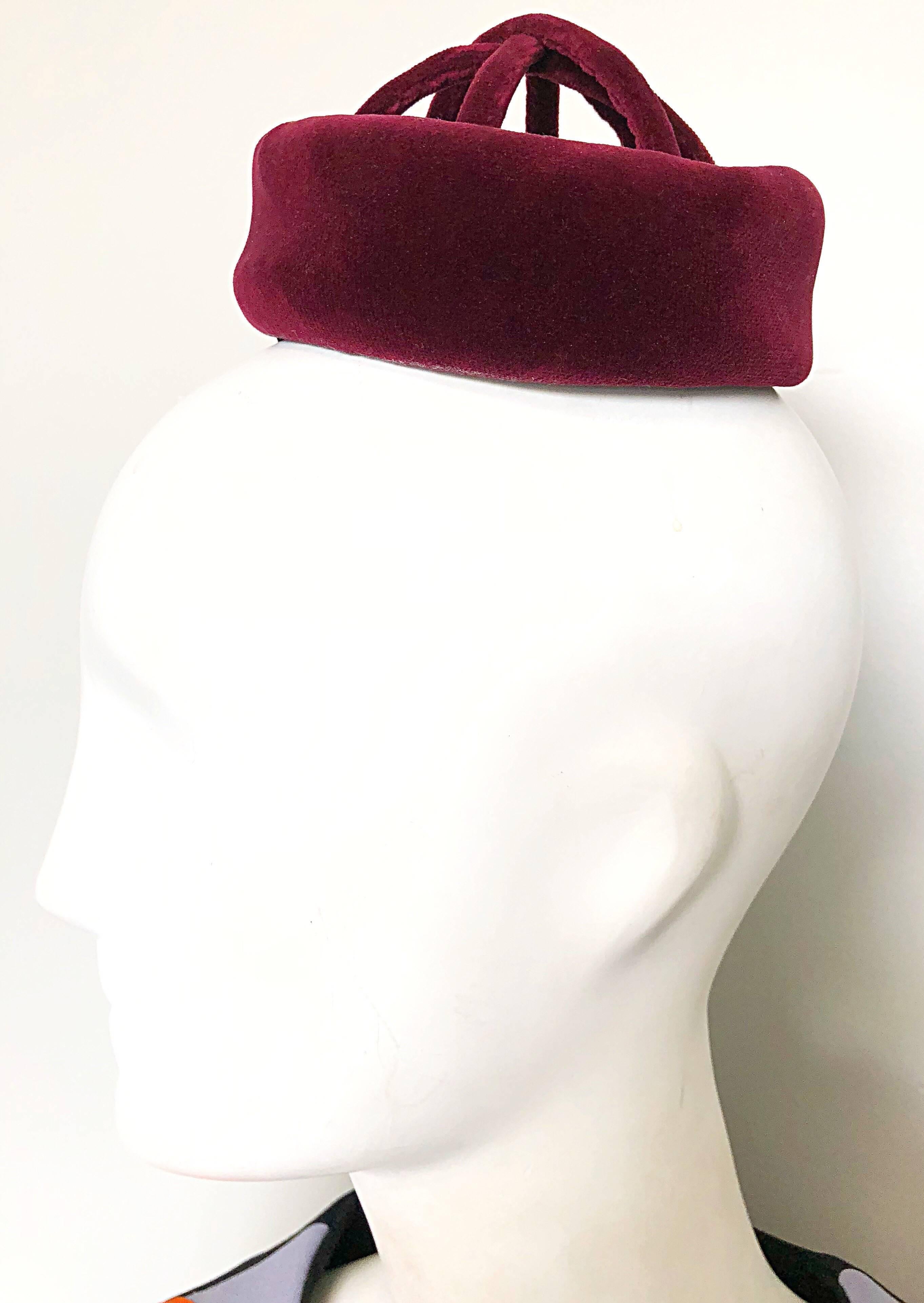 Incredible original sample CARDINALI late 1960s vintage burgundy velvet cage hat! This rare beauty comes from the original designer's estate (Marilyn Lewis). Soft maroon velvet with hair clips attached to the inner parts to guarantee the hat stays