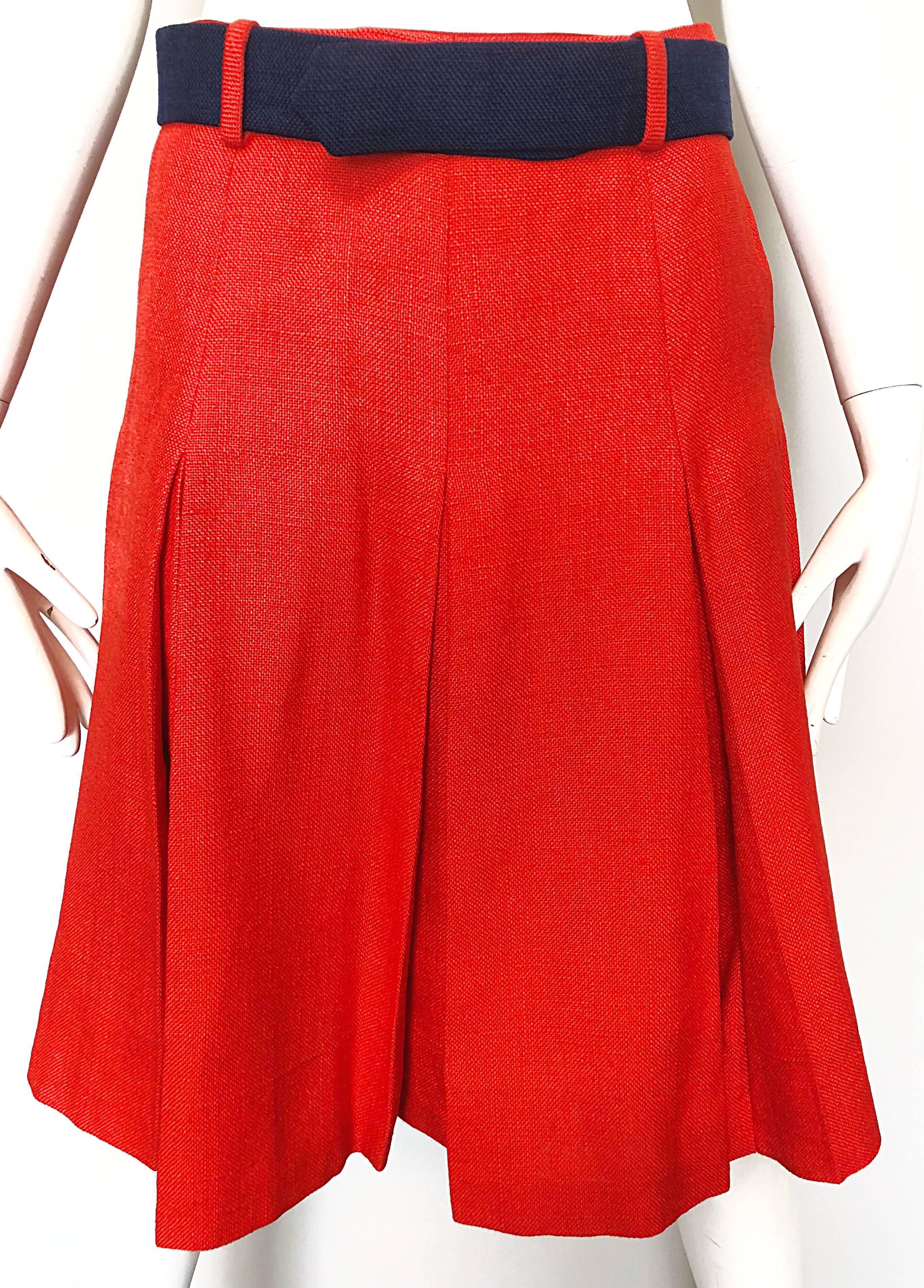 1960s Cardinali Original Sample Orange Irish Linen Pleated Vintage A Line Skirt 4